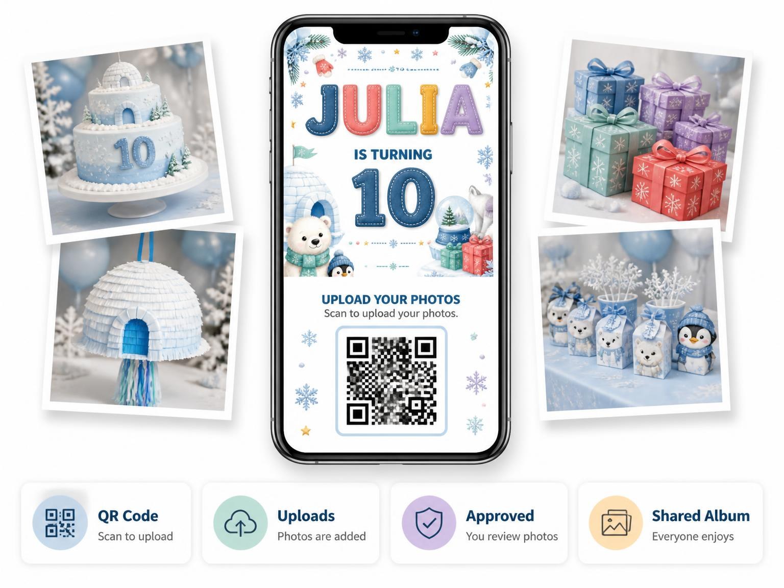 The shared photo gallery that comes with the Stitched Winter Polar 10th Birthday Invitation invitation