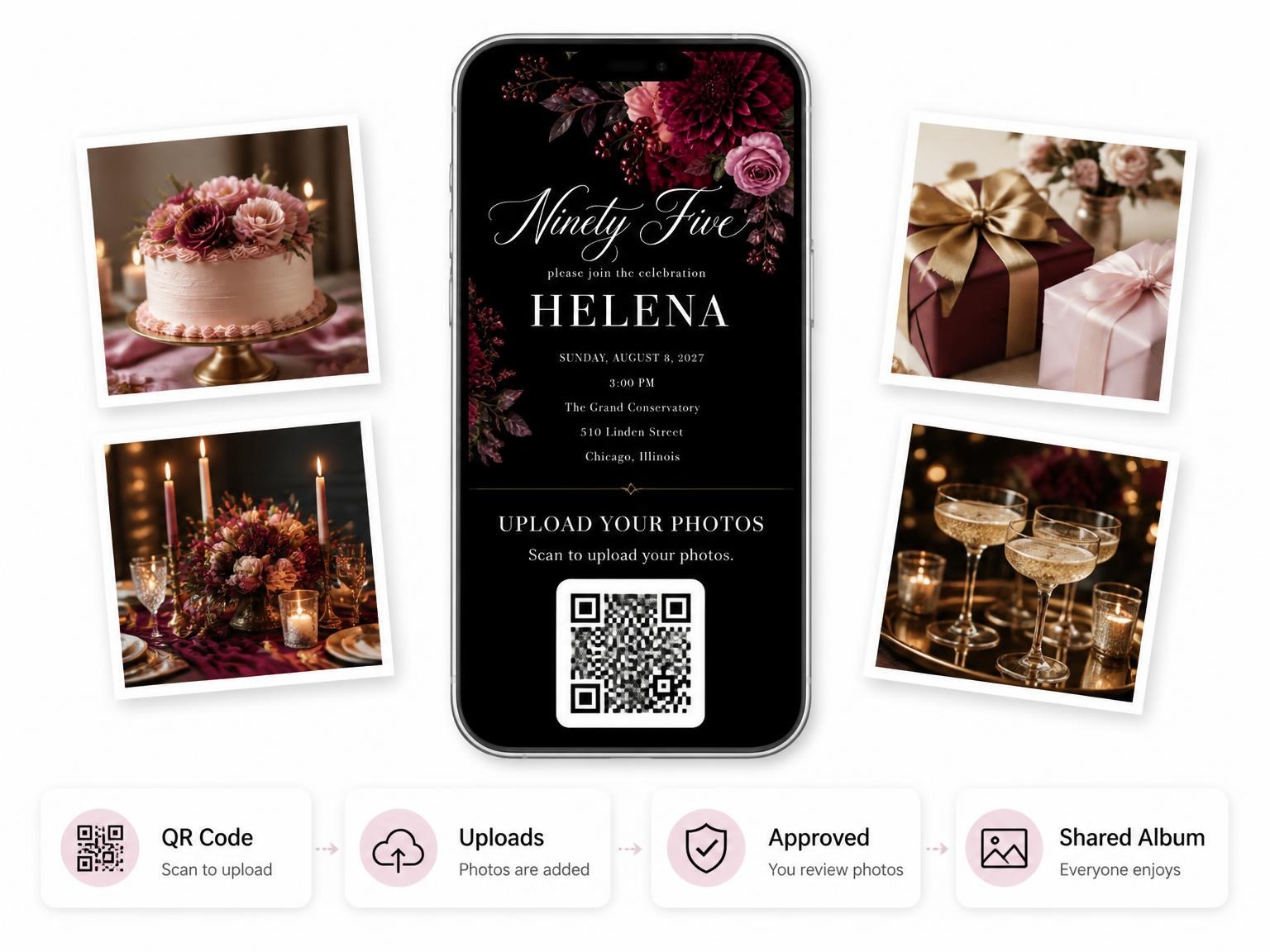The shared photo gallery that comes with the Black Floral 95th Birthday Invitation invitation