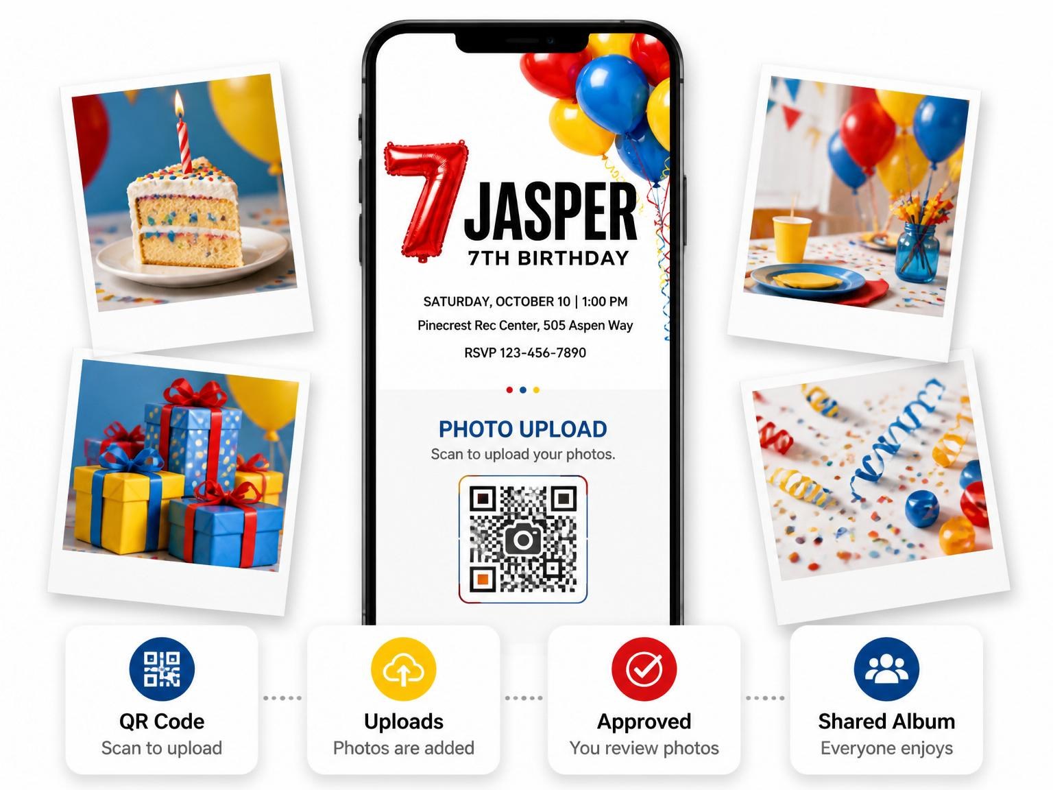The shared photo gallery that comes with the Primary Balloon Foil Number 7th Birthday invitation