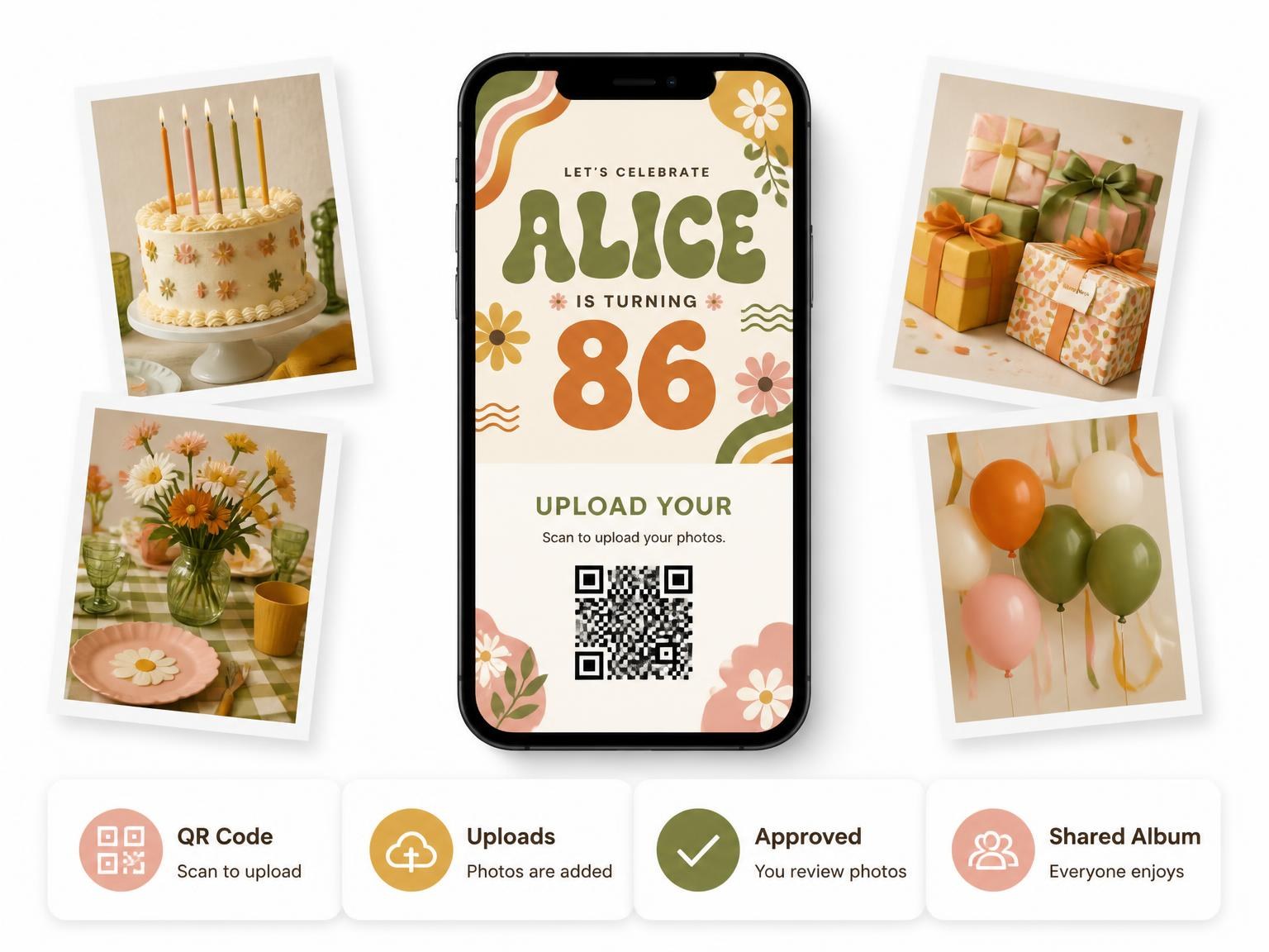 The shared photo gallery that comes with the Groovy Retro 86th Birthday Invitation invitation