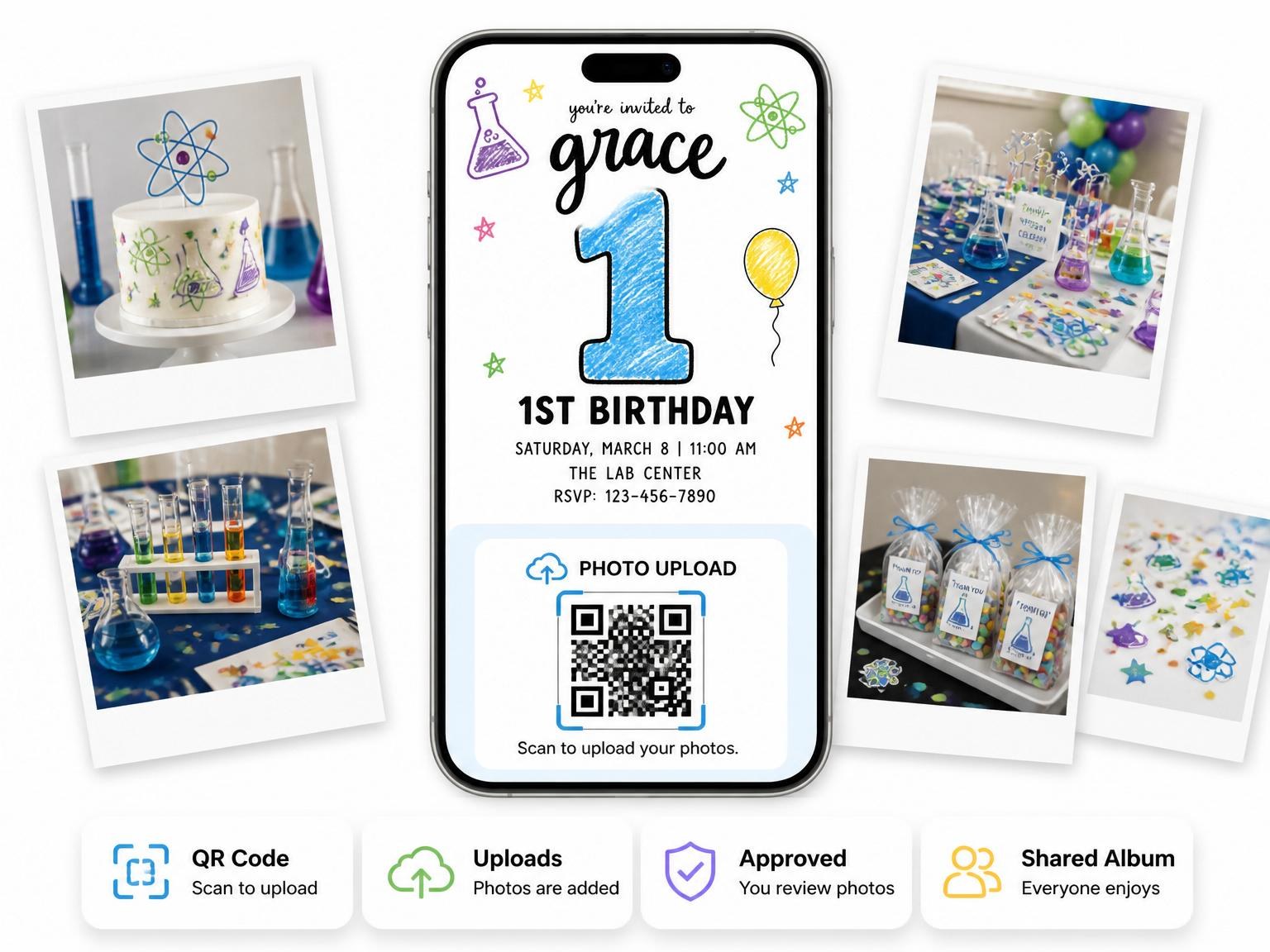 The shared photo gallery that comes with the Crayon Science Lab 1st Birthday invitation