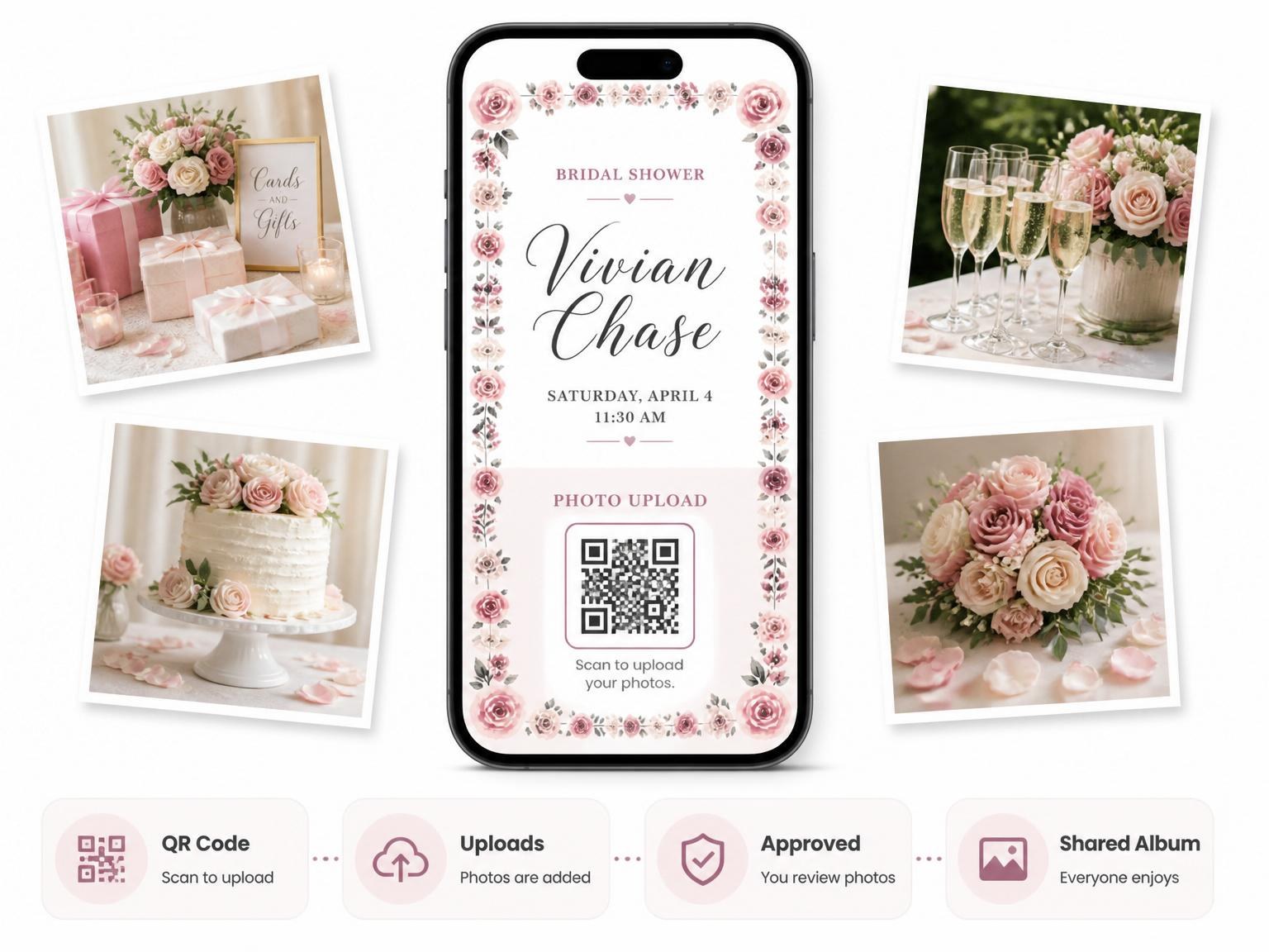 The shared photo gallery that comes with the Dusty Rose Watercolor Bridal Shower invitation
