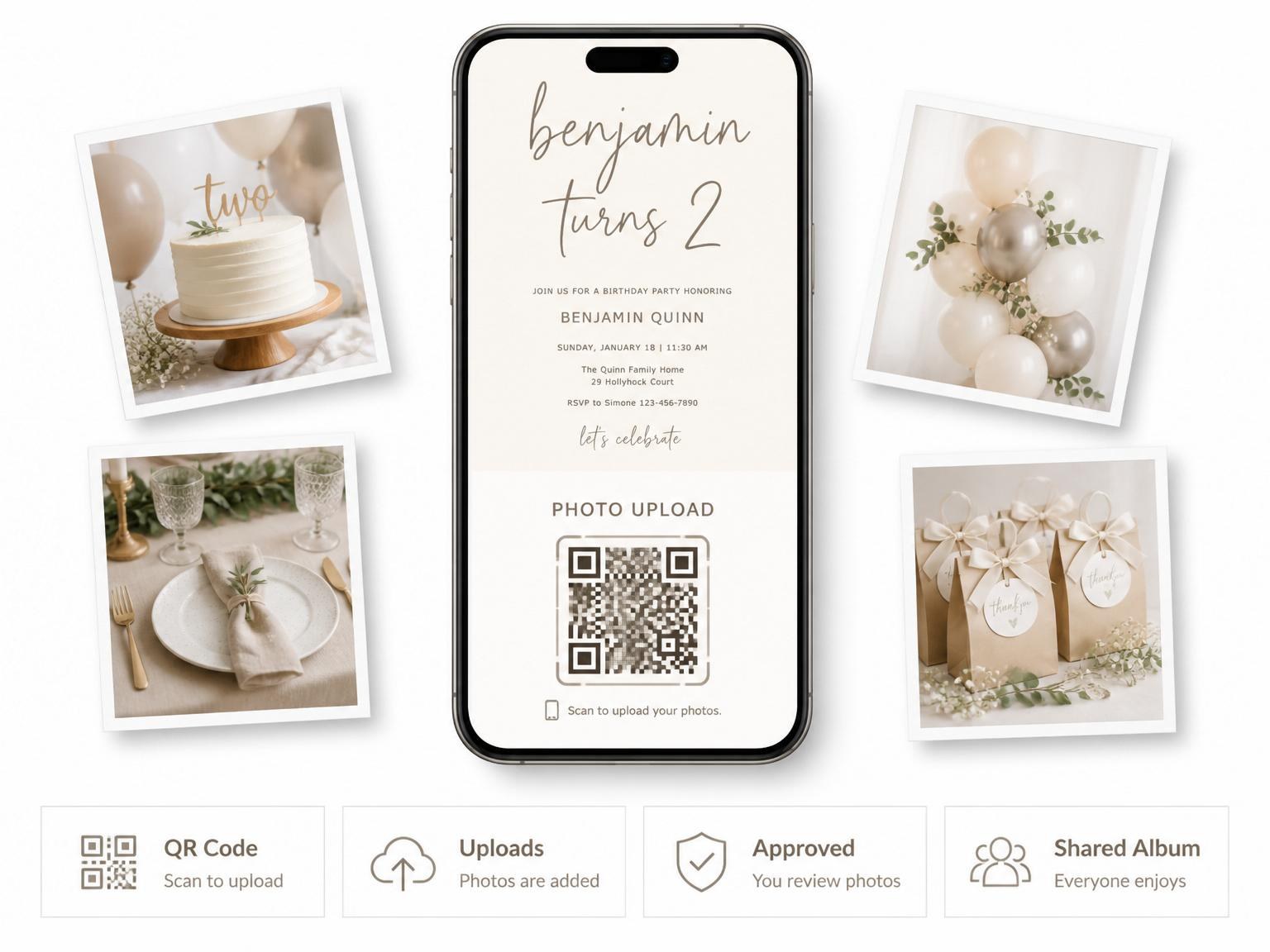 The shared photo gallery that comes with the Cream Brown Minimalist Toddler 2nd Birthday invitation