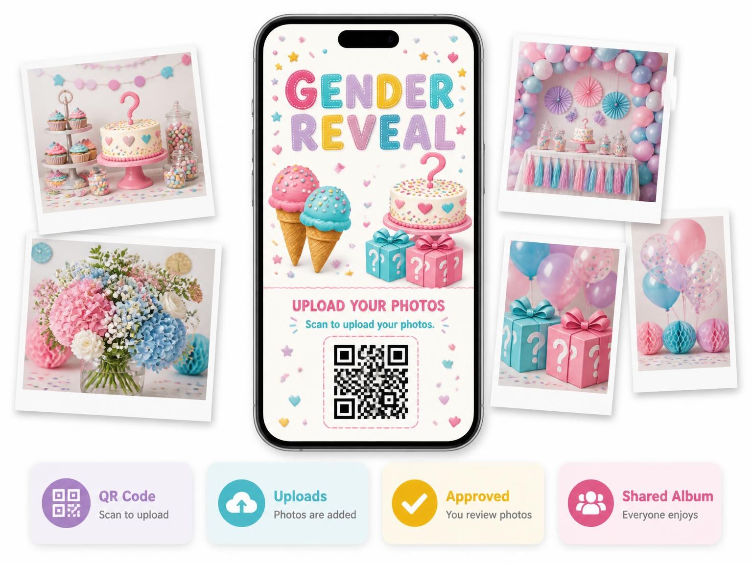 The shared photo gallery that comes with the Ice Cream Scoops Gender Reveal Invitation invitation