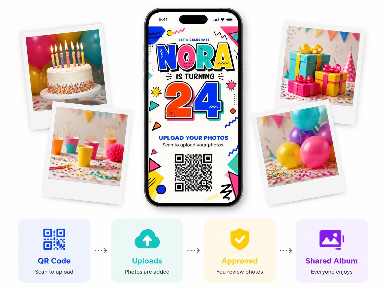 The shared photo gallery that comes with the Memphis Pop 24th Birthday Invitation invitation