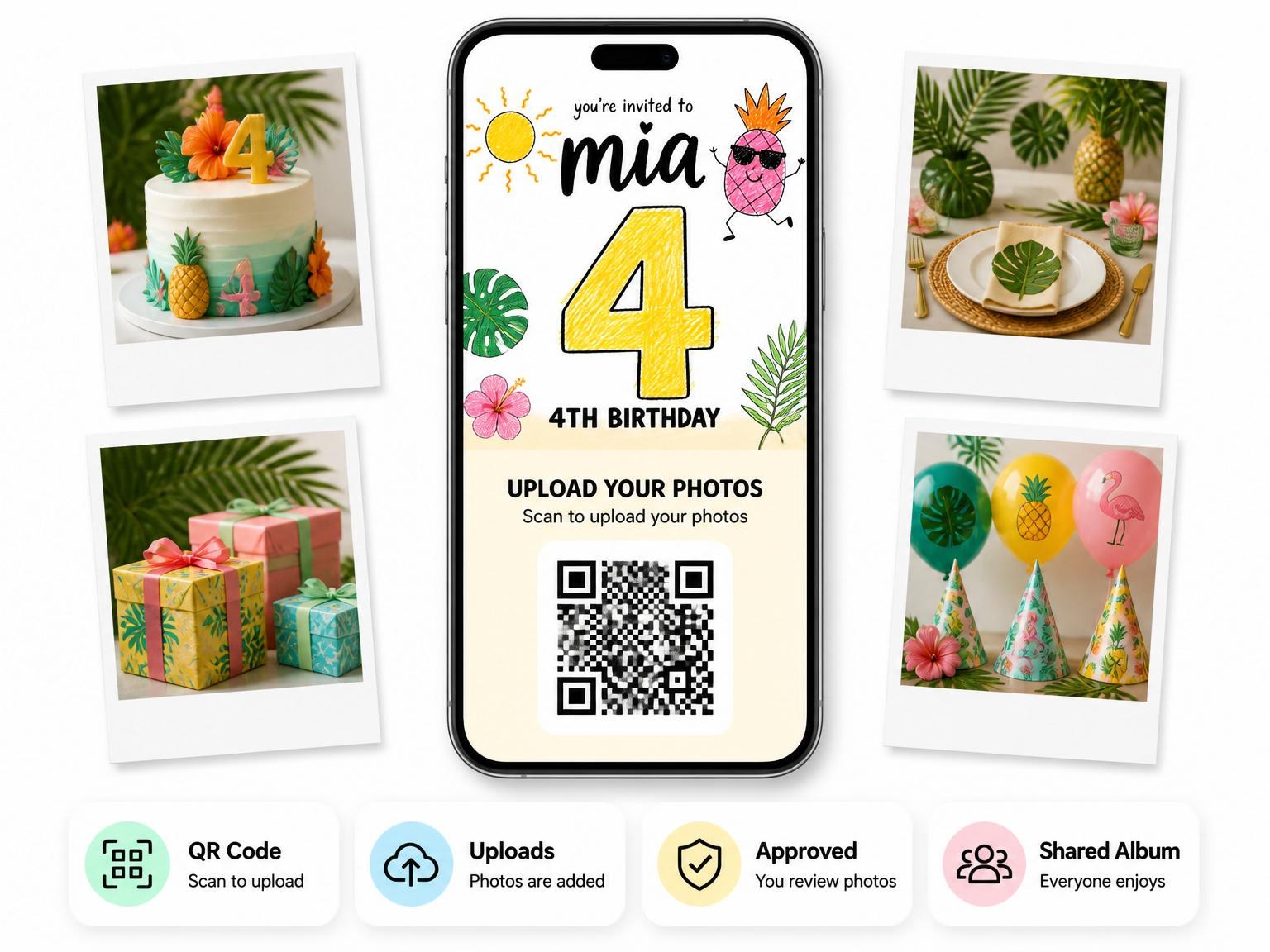 The shared photo gallery that comes with the Crayon Tropical Pineapple Fruit 4th Birthday invitation