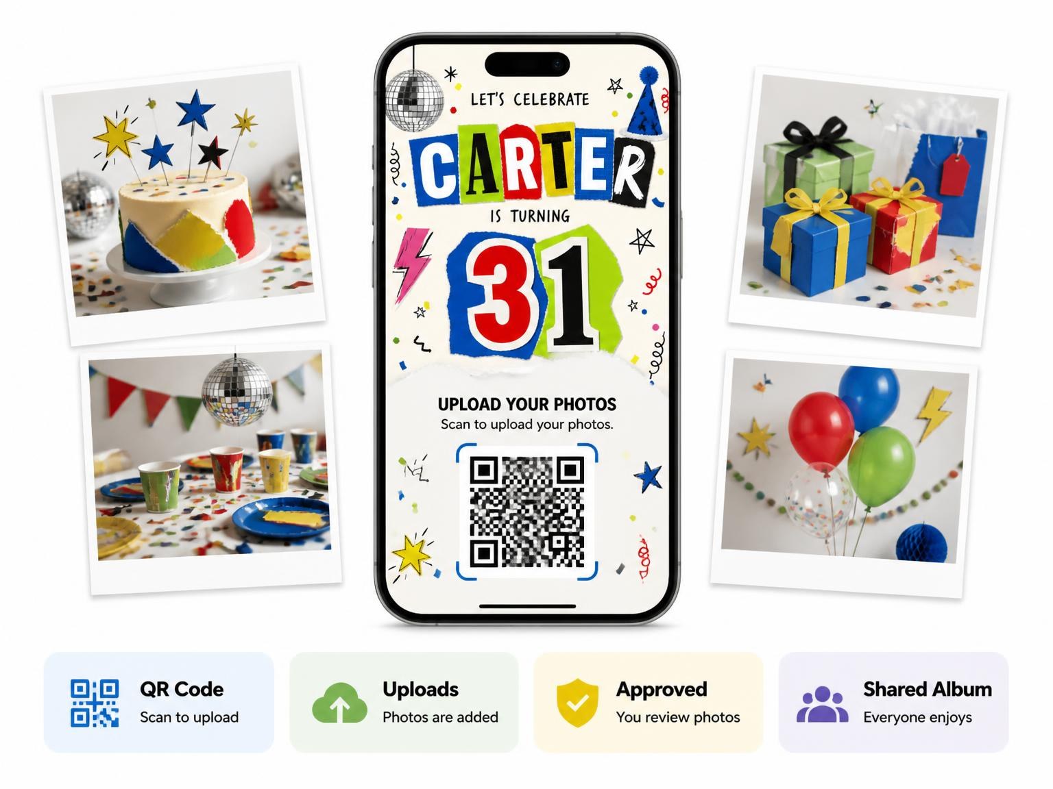 The shared photo gallery that comes with the Retro Paper Collage 31st Birthday Invitation invitation