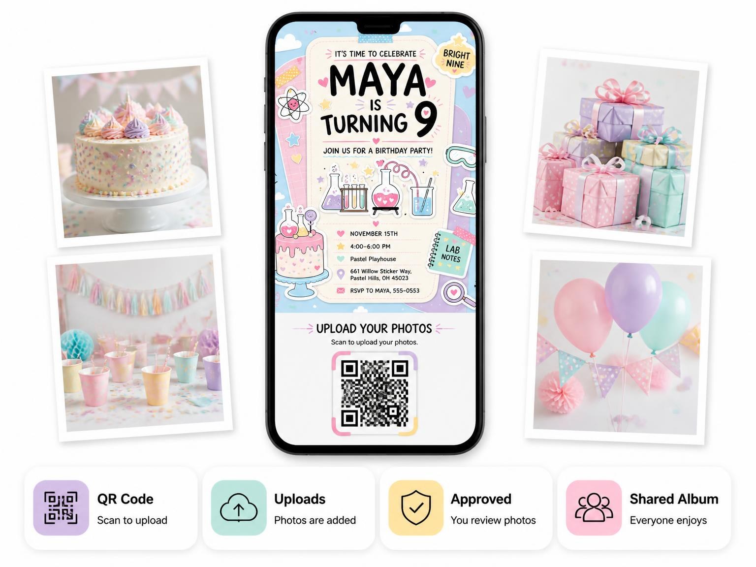 The shared photo gallery that comes with the Science Lab 9th Birthday Invitation invitation