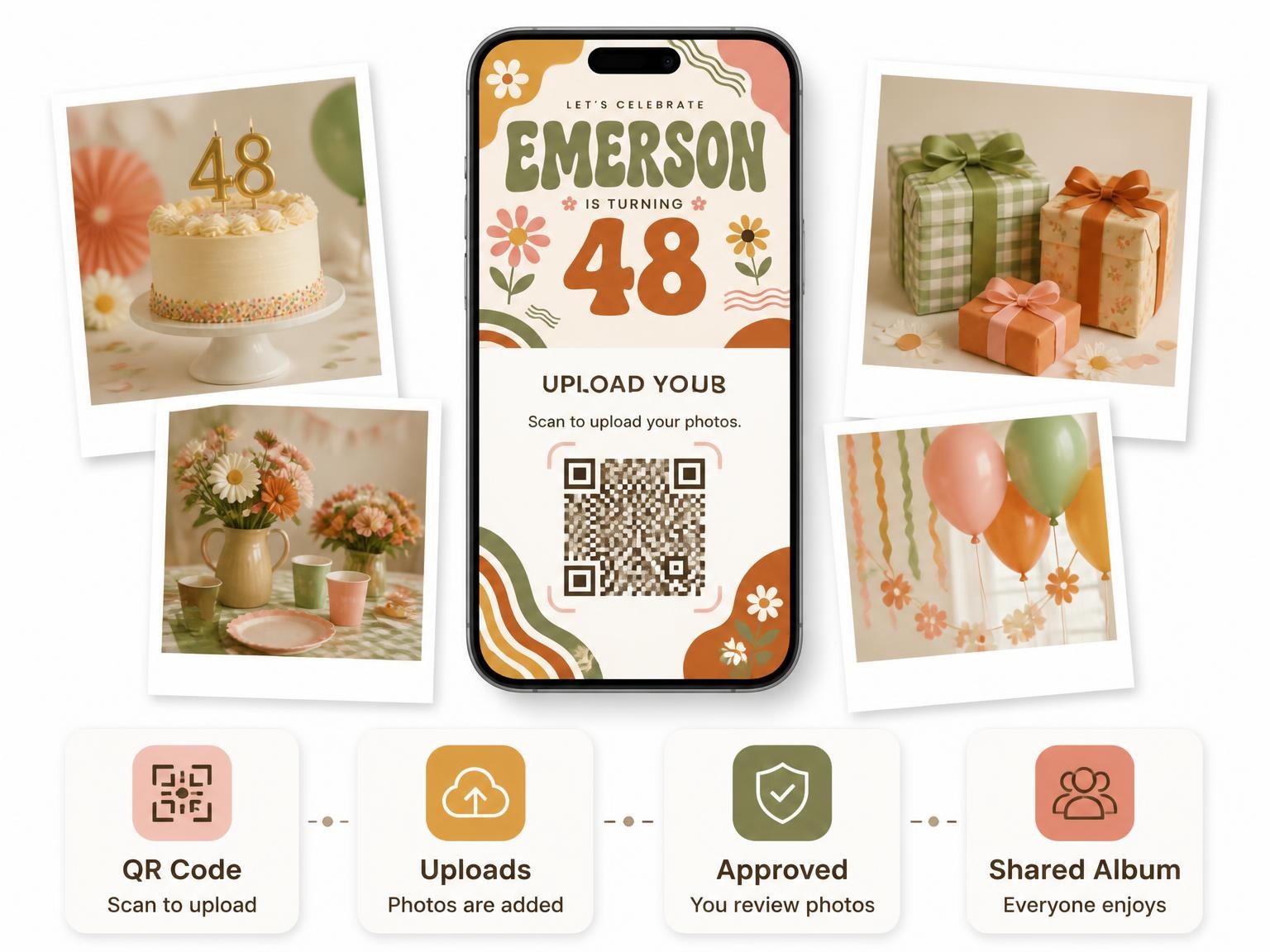 The shared photo gallery that comes with the Groovy Retro 48th Birthday Invitation invitation