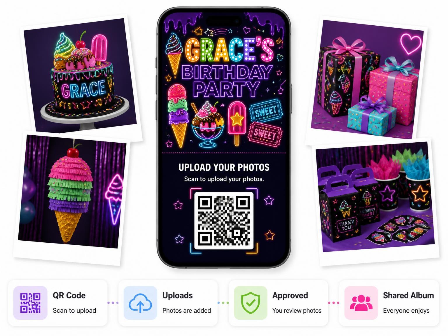 The shared photo gallery that comes with the Neon Ice Cream 7th Birthday Invitation invitation
