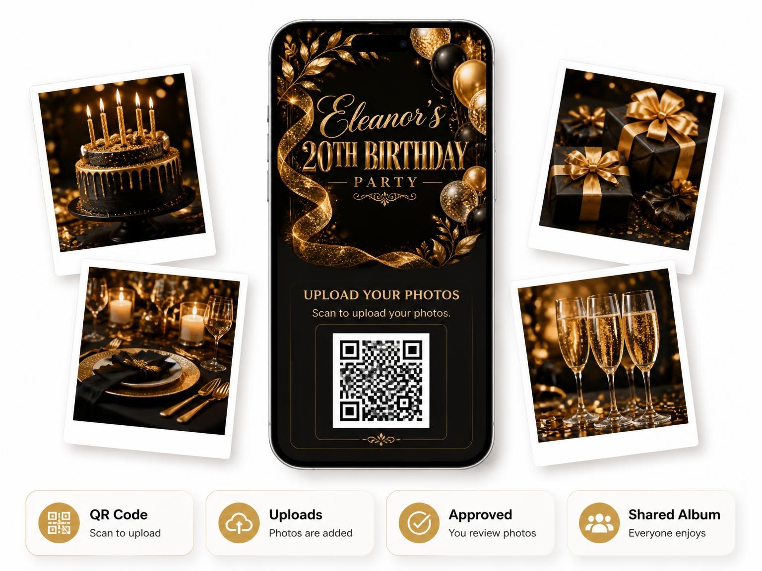 The shared photo gallery that comes with the Black and Gold 20th Birthday Invitation invitation