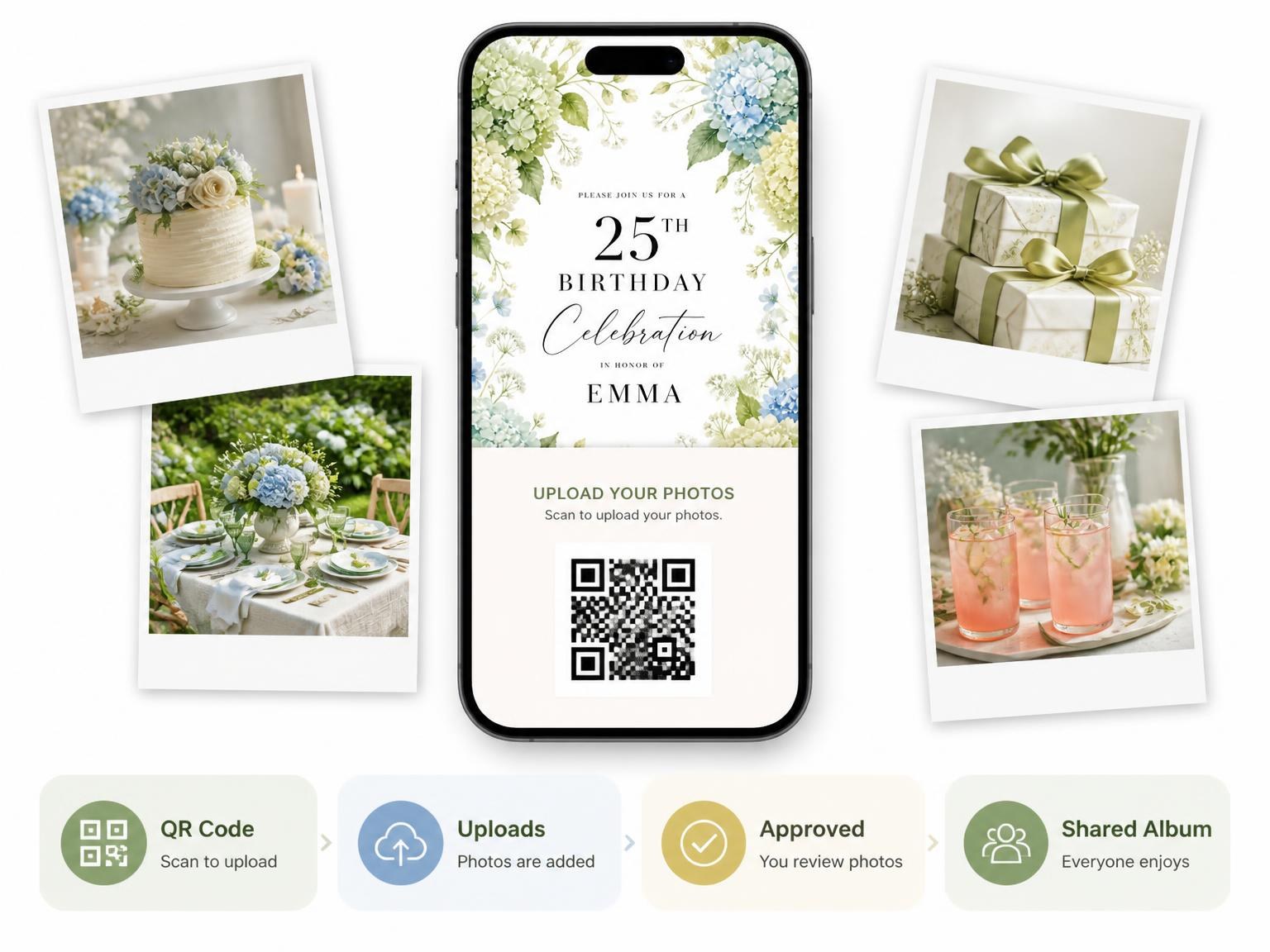 The shared photo gallery that comes with the Blooms Greenery Mint 25th Birthday Invitation invitation