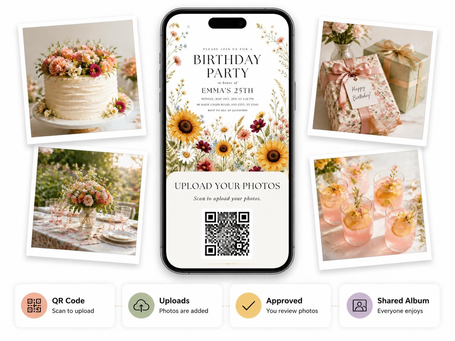 The shared photo gallery that comes with the Wildflowers Golden 25th Birthday Invitation invitation