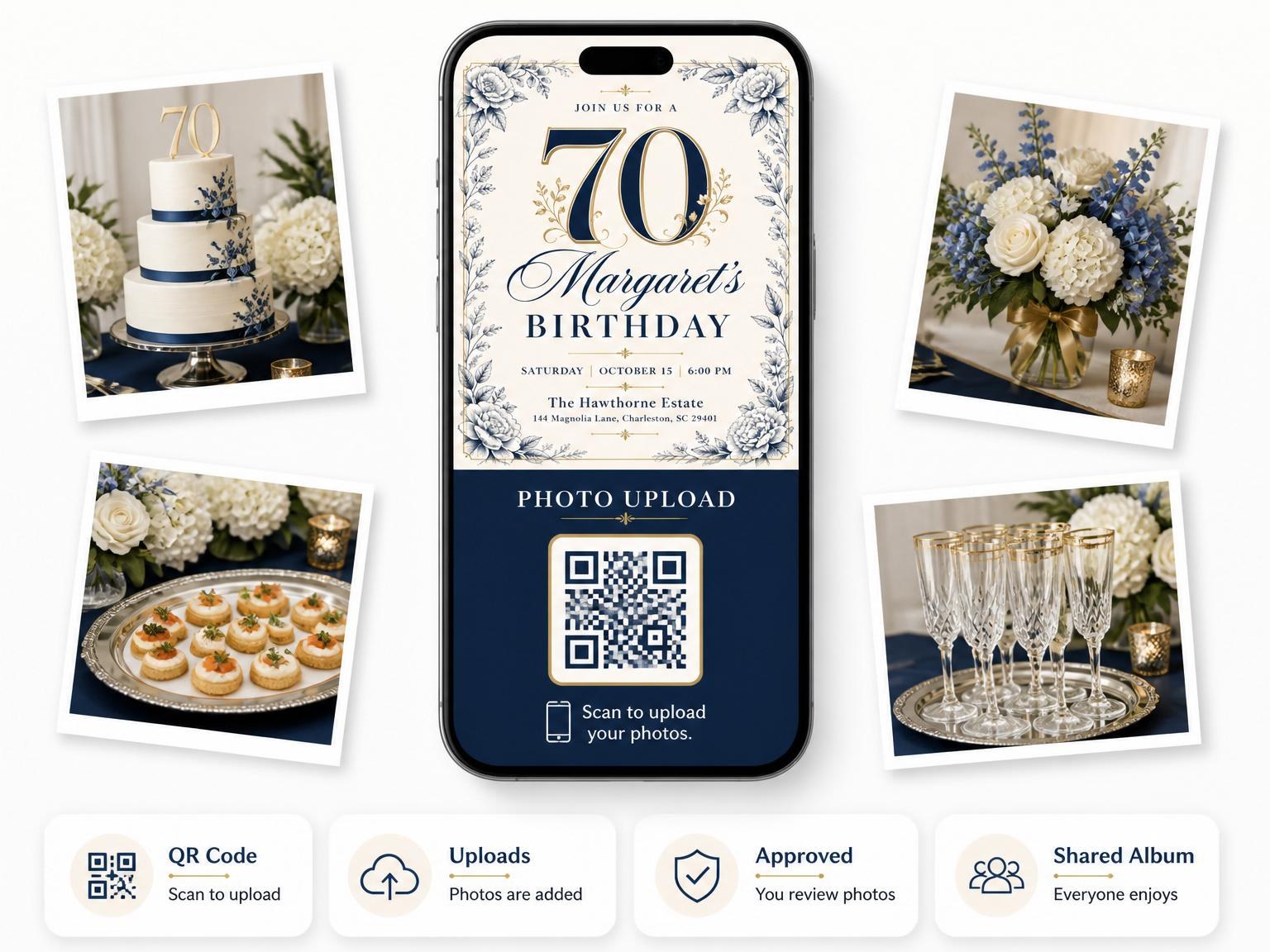 The shared photo gallery that comes with the Navy Botanical Cream 70th Birthday invitation