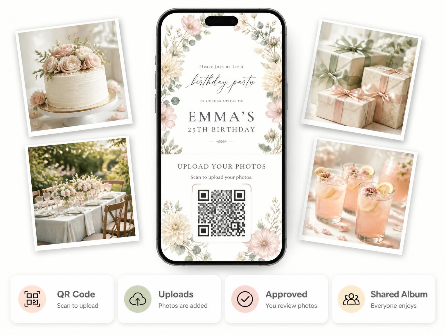 The shared photo gallery that comes with the Floral Wreath Ivory 25th Birthday Invitation invitation