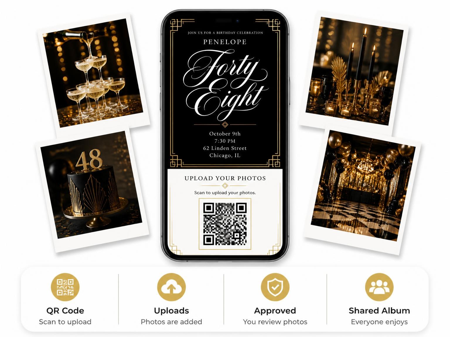 The shared photo gallery that comes with the Gold Art Deco 48th Birthday Invitation invitation