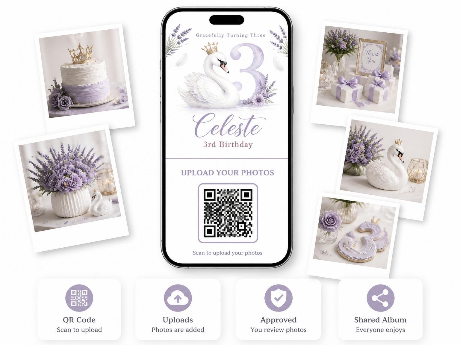 The shared photo gallery that comes with the Lavender Swan Watercolor 3rd Birthday invitation
