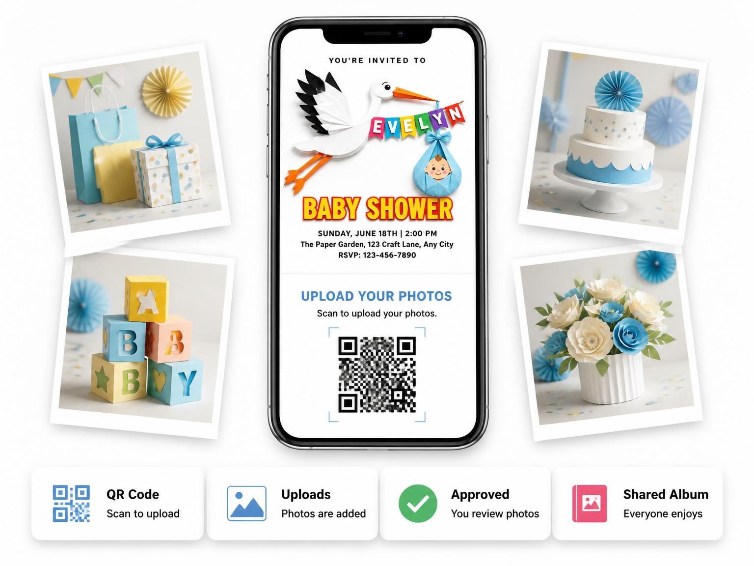 The shared photo gallery that comes with the Paper-Cut Stork Multi-Color Baby Shower invitation
