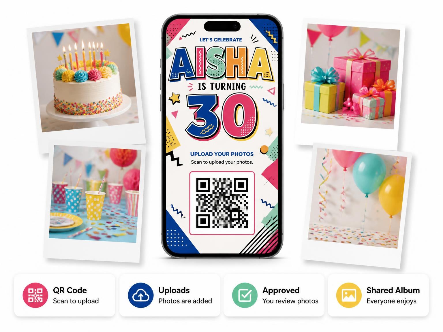 The shared photo gallery that comes with the Memphis Pop 30th Birthday Invitation invitation