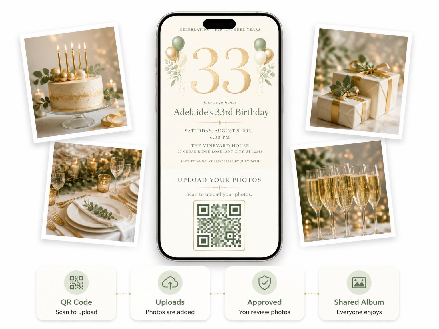 The shared photo gallery that comes with the Sage and Ivory 33rd Birthday Invitation invitation