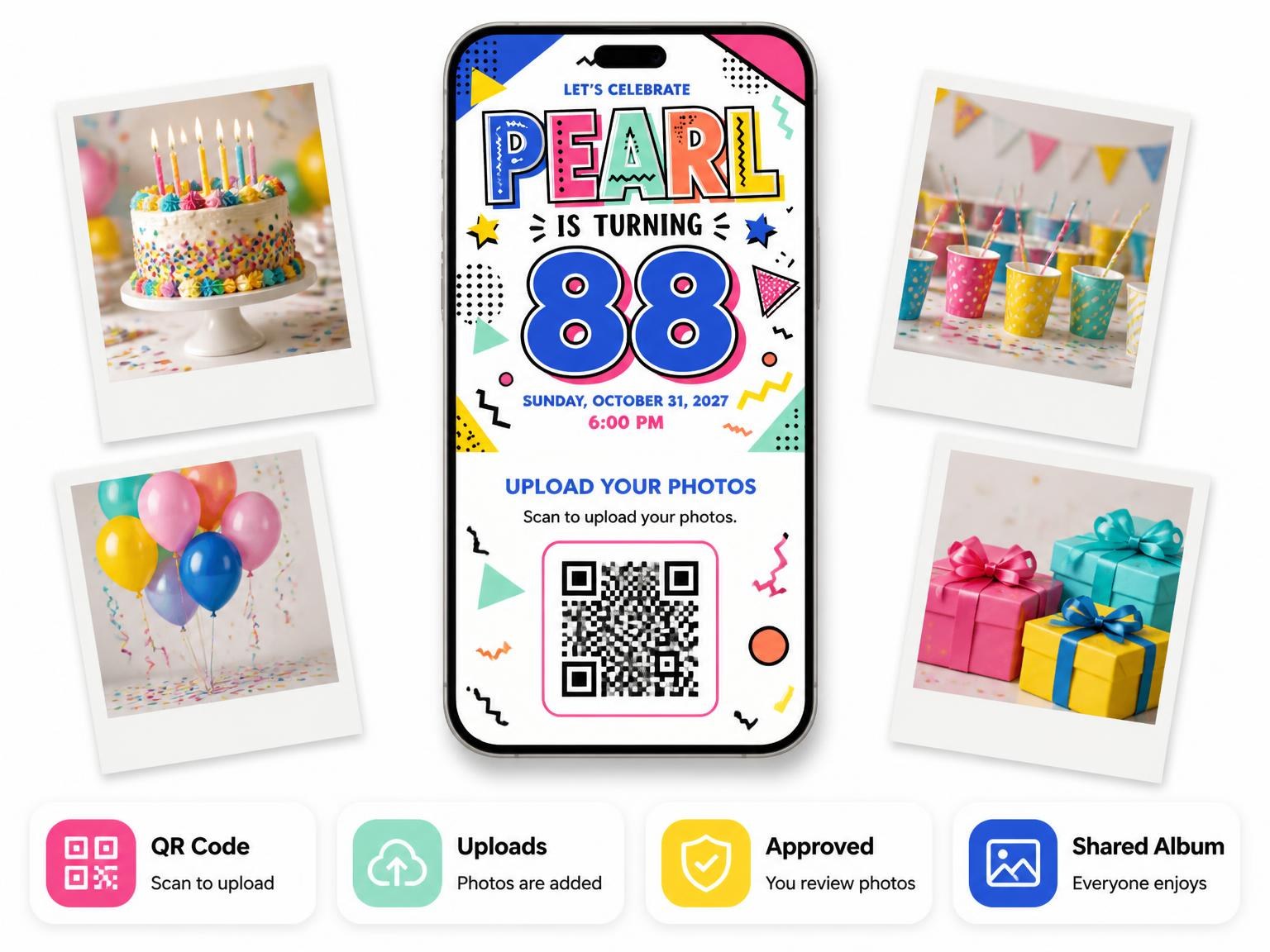 The shared photo gallery that comes with the Memphis Pop 88th Birthday Invitation invitation