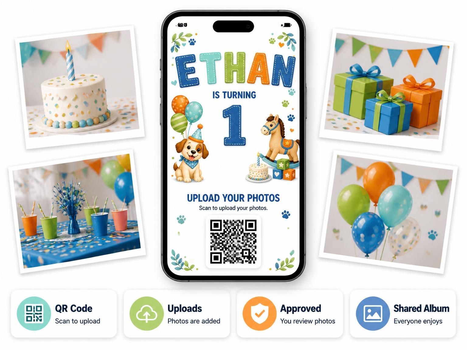 The shared photo gallery that comes with the Stitched Puppy Toys 1st Birthday Invitation invitation
