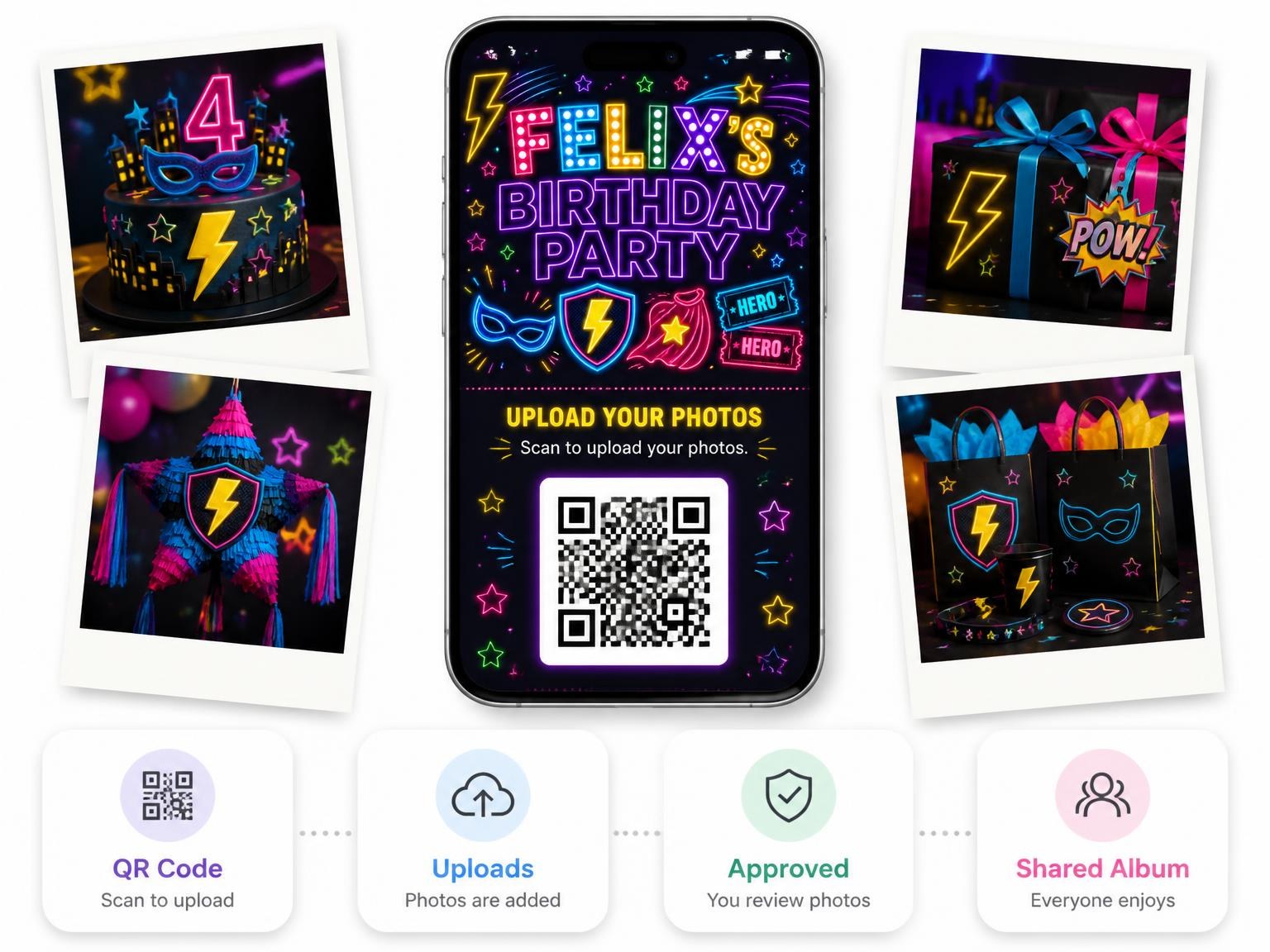 The shared photo gallery that comes with the Neon Superhero 4th Birthday Invitation invitation