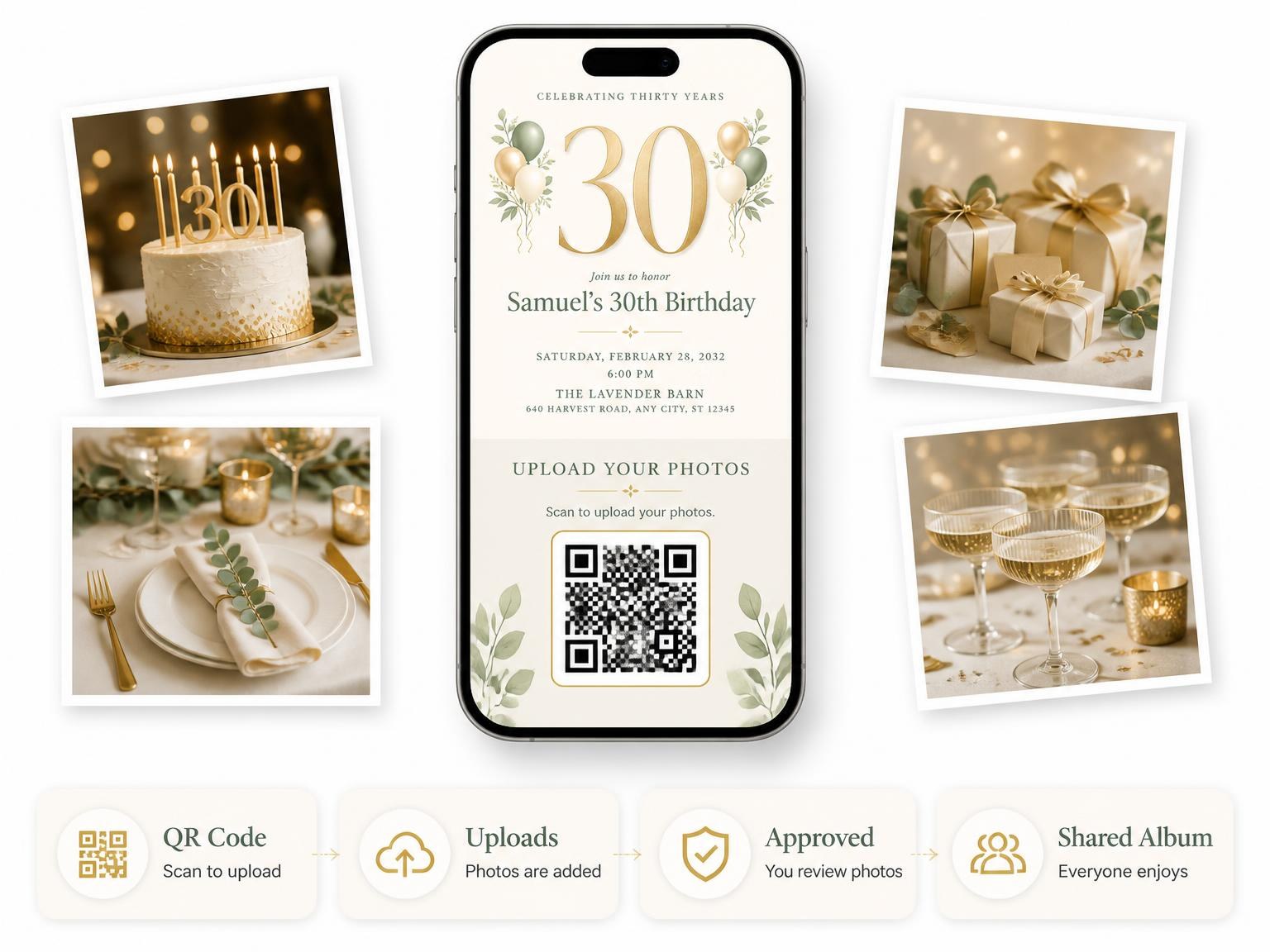 The shared photo gallery that comes with the Sage and Ivory 30th Birthday Invitation invitation