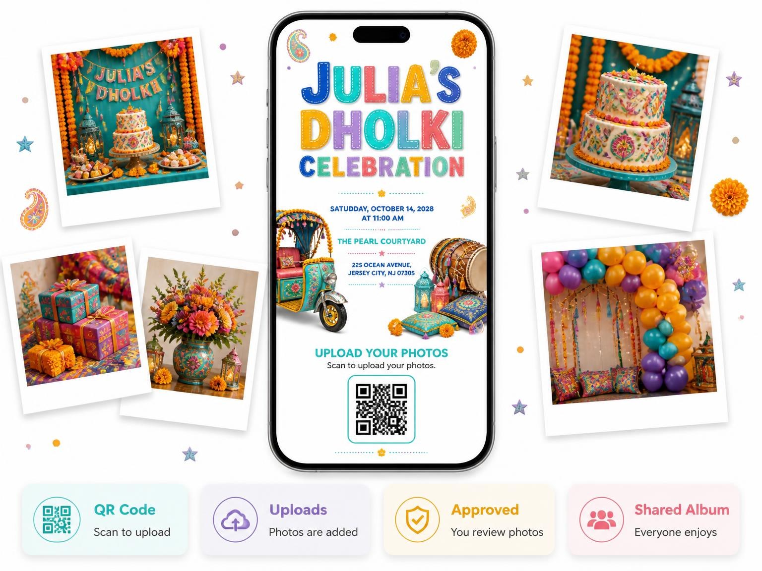The shared photo gallery that comes with the Decorated Auto Rickshaw Dholki Invitation invitation