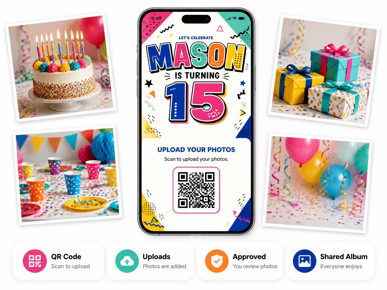 The shared photo gallery that comes with the Memphis Pop 15th Birthday Invitation invitation