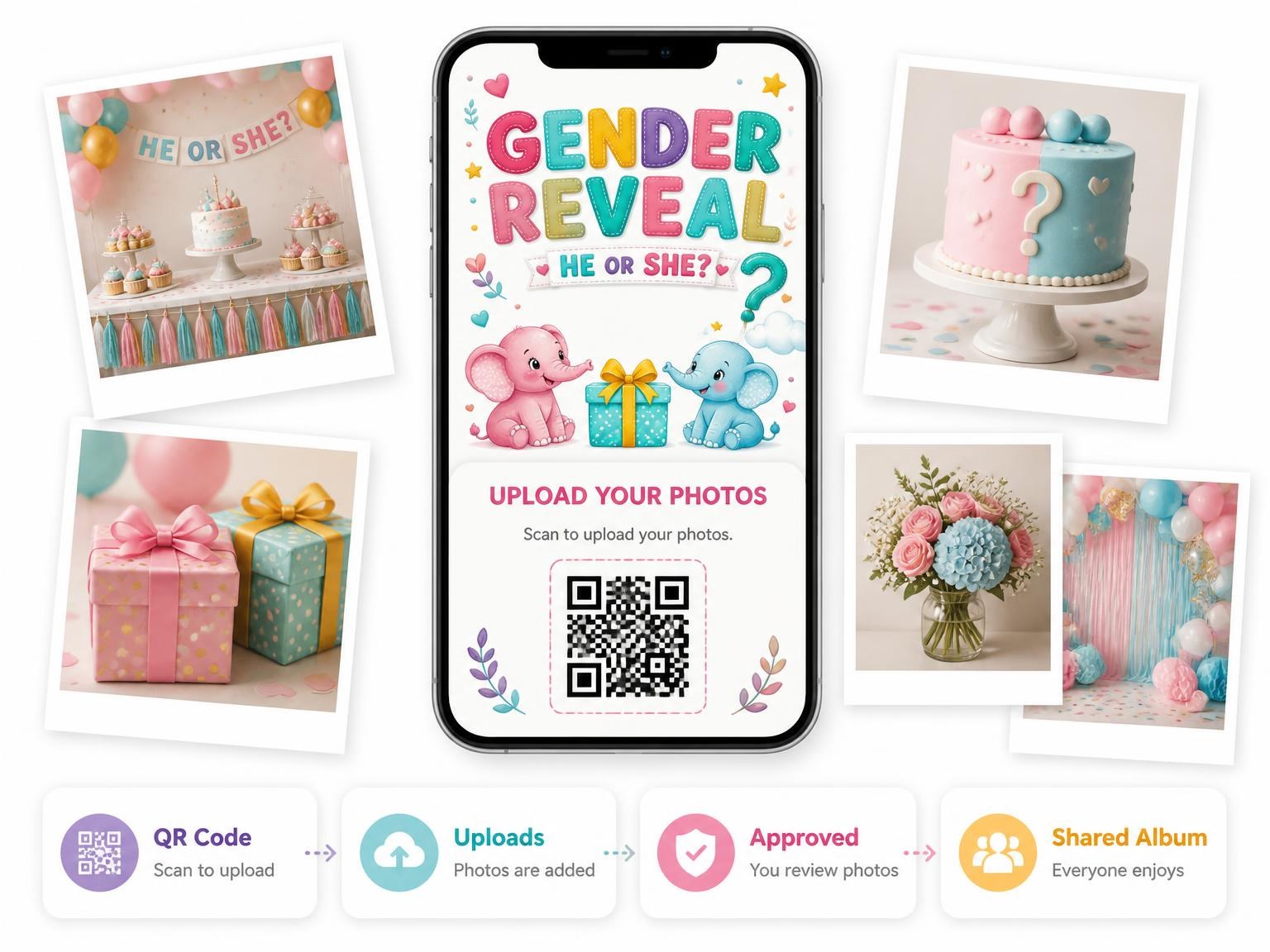 The shared photo gallery that comes with the Baby Elephants Gender Reveal Invitation invitation