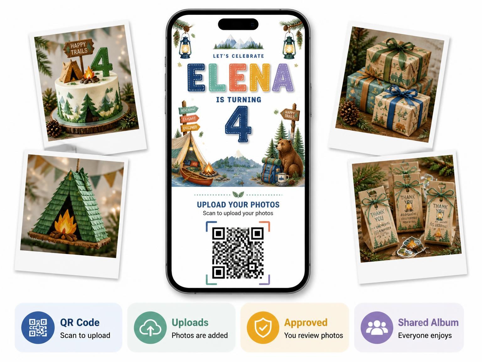 The shared photo gallery that comes with the Stitched Camping 4th Birthday Invitation invitation