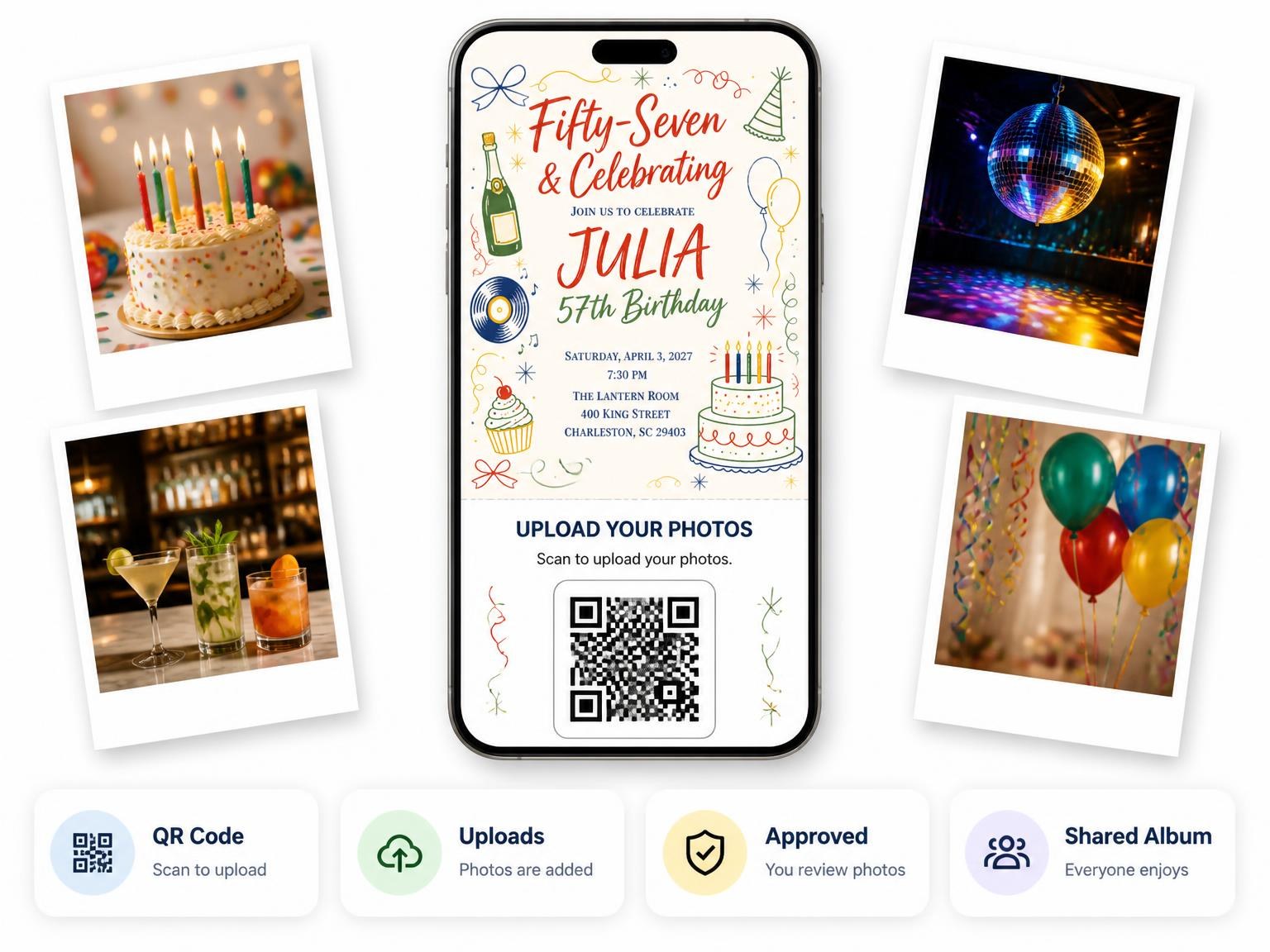 The shared photo gallery that comes with the Retro Doodle 57th Birthday Invitation invitation