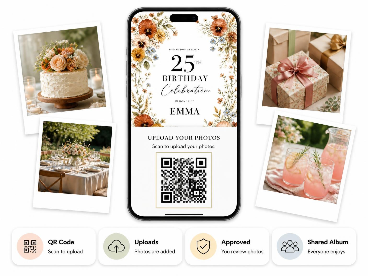 The shared photo gallery that comes with the Terracotta Garden Floral 25th Birthday Invitation invitation