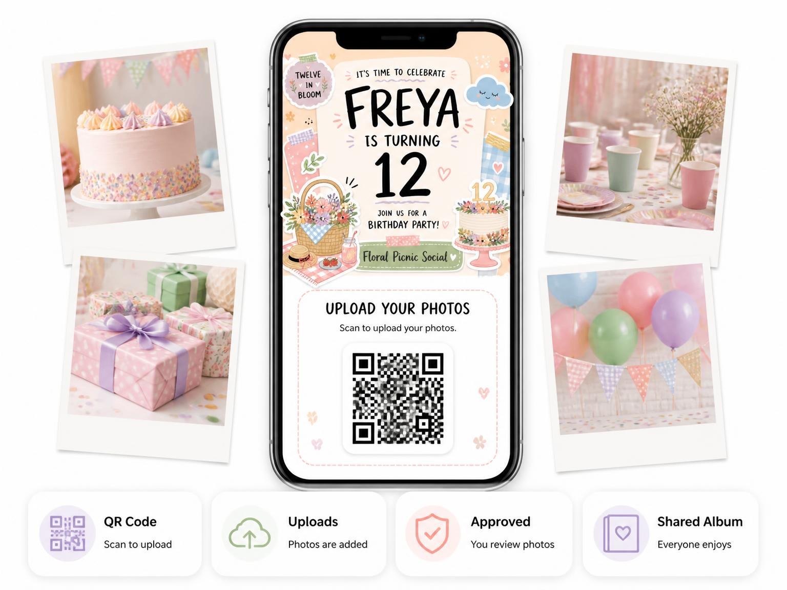 The shared photo gallery that comes with the Pastel Floral Picnic 12th Birthday Invitation invitation