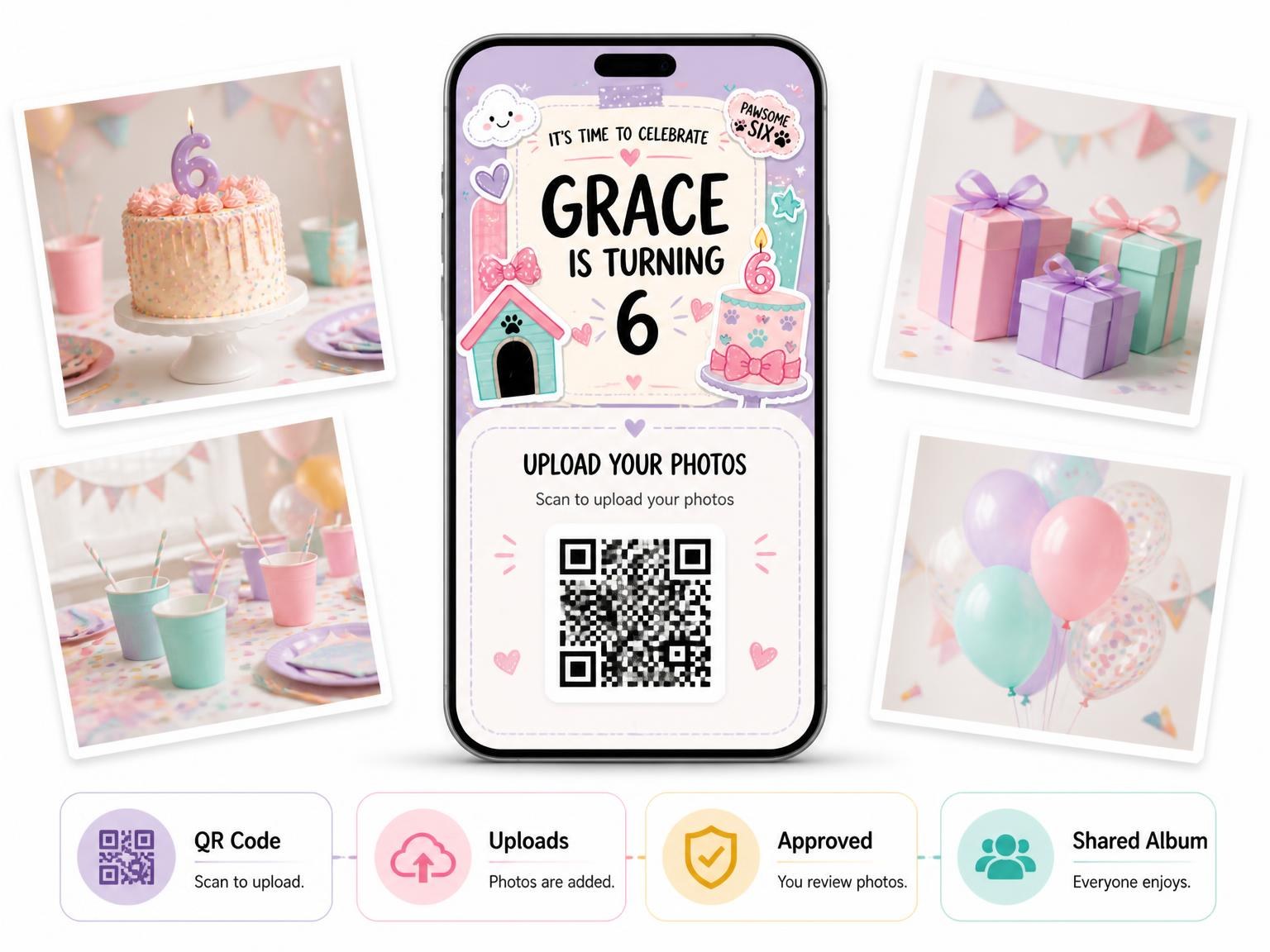 The shared photo gallery that comes with the Puppy Pastel Scrapbook 6th Birthday Invitation invitation