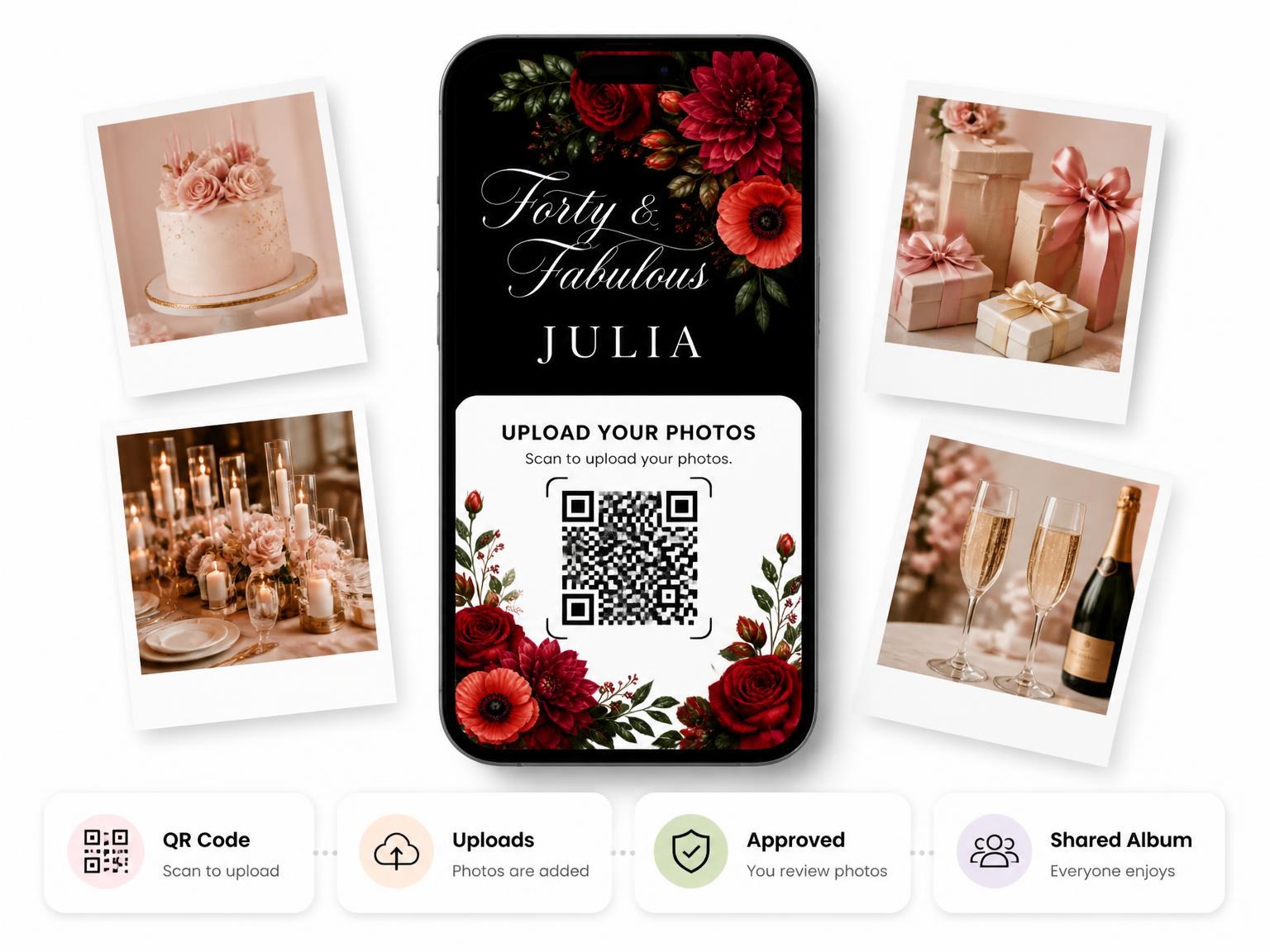 The shared photo gallery that comes with the Black Floral 40th Birthday Invitation invitation