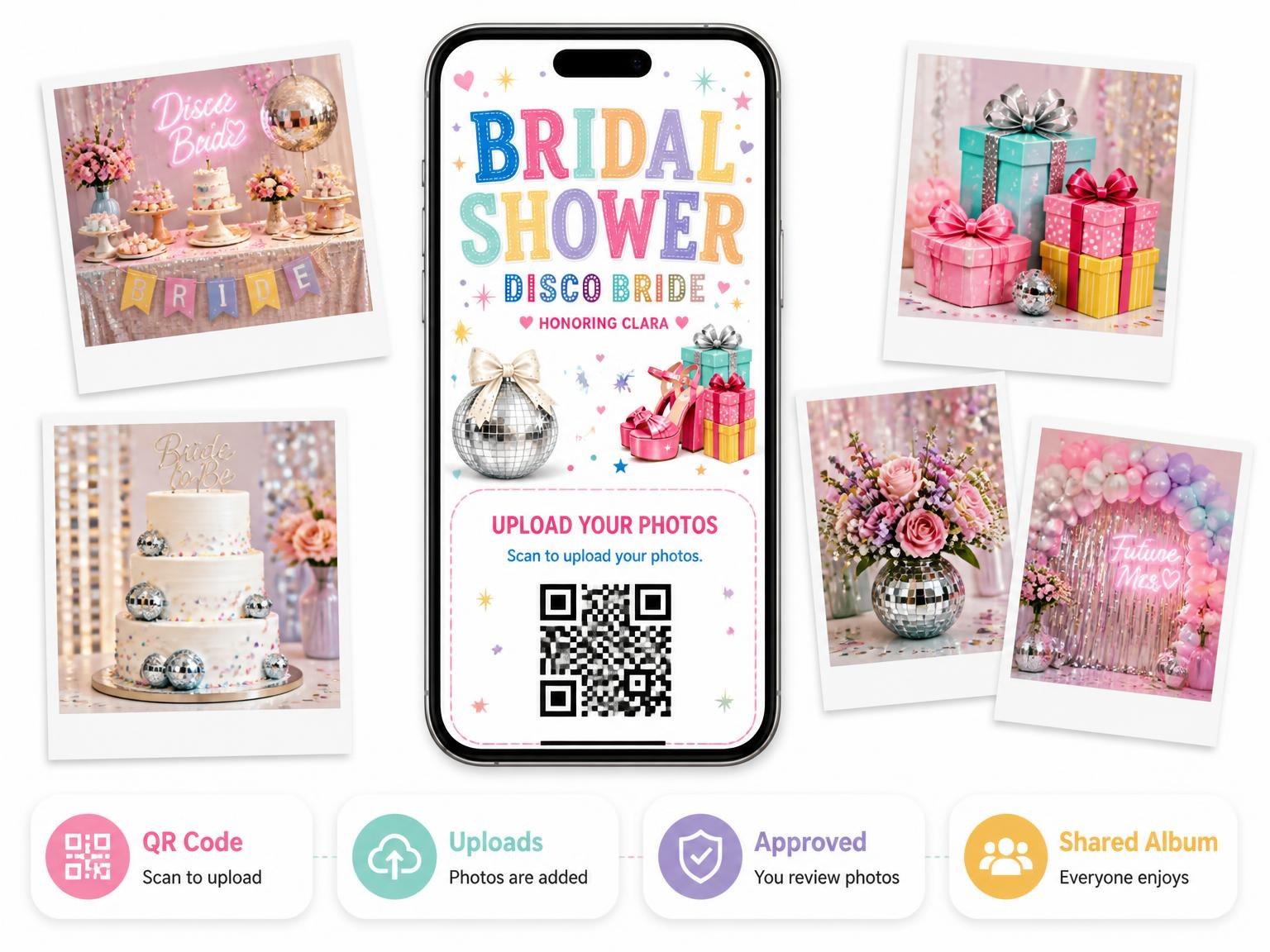 The shared photo gallery that comes with the Silver Disco Bridal Shower Invitation invitation