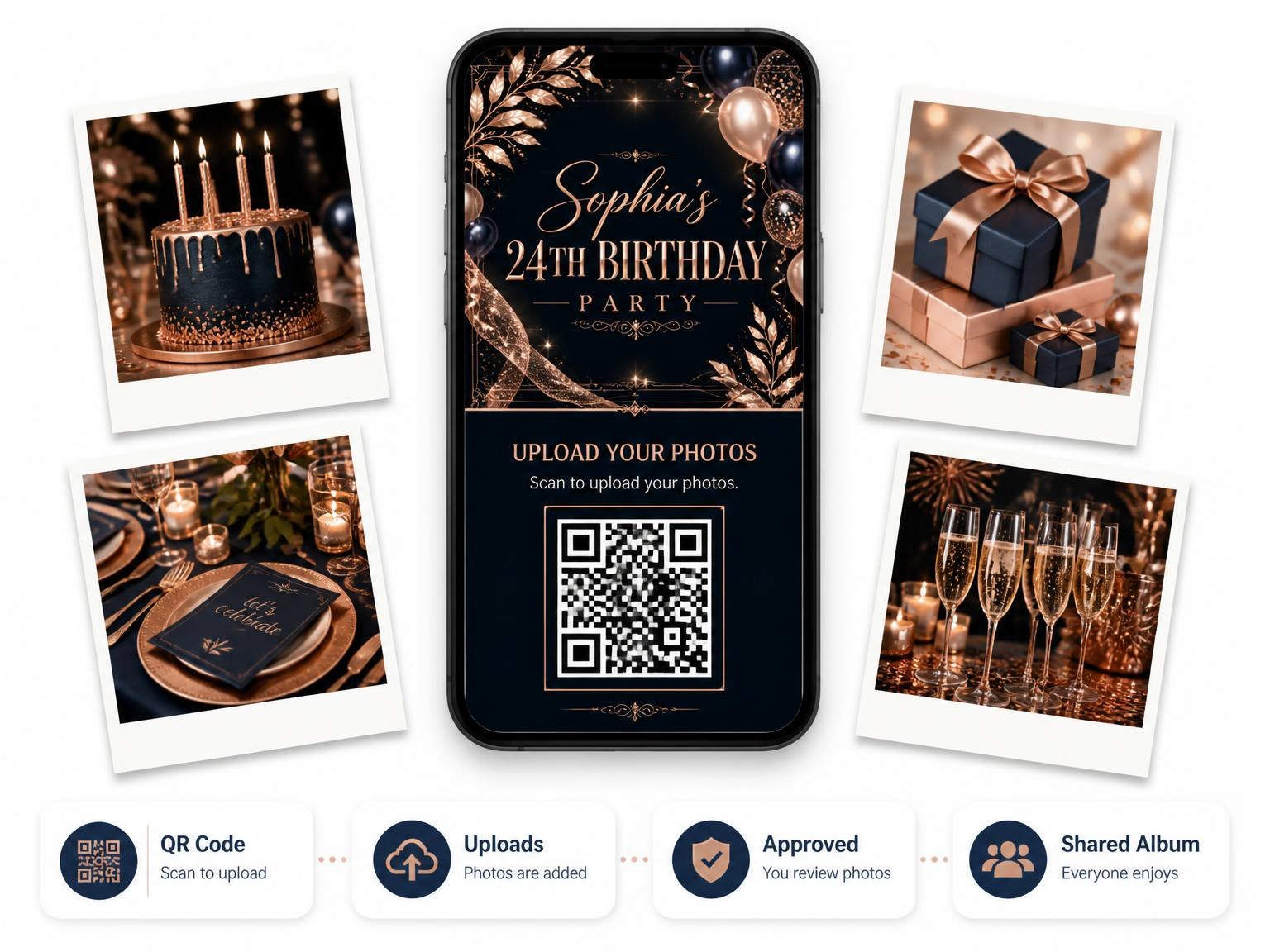 The shared photo gallery that comes with the Navy and Rose Gold 24th Birthday Invitation invitation