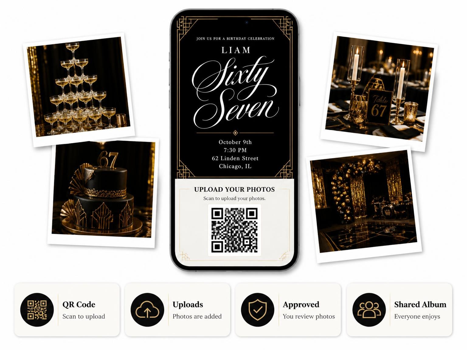 The shared photo gallery that comes with the Art Deco 67th Birthday Invitation invitation