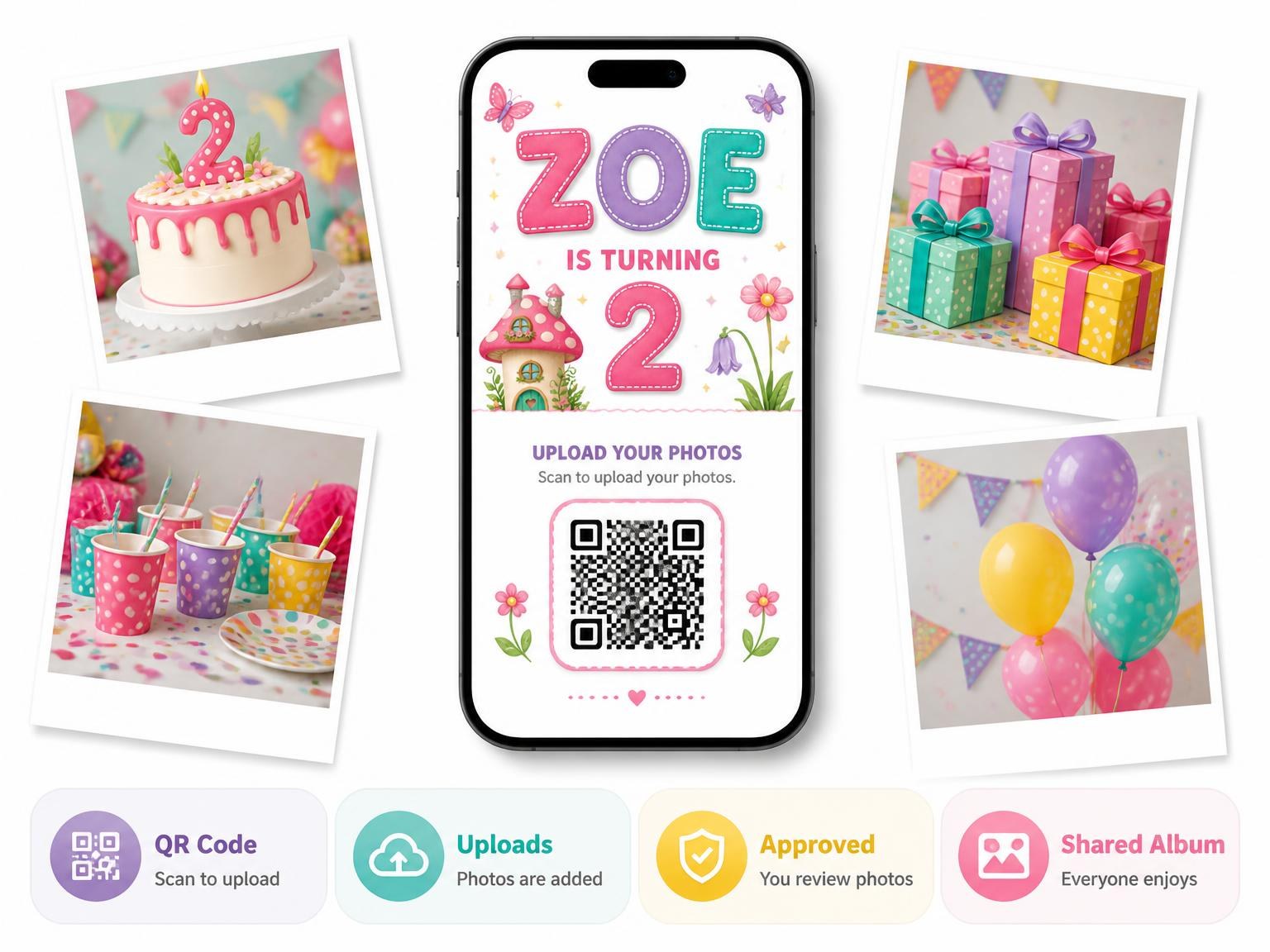 The shared photo gallery that comes with the Fairy Stitched 2nd Birthday Invitation invitation