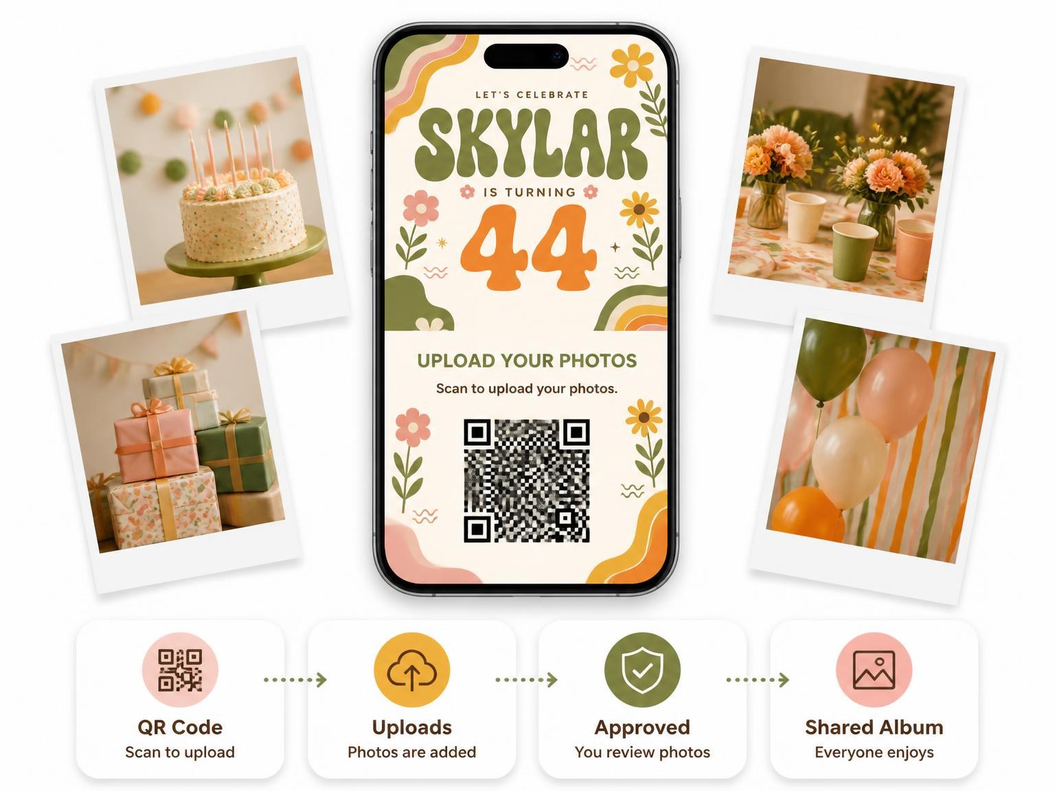 The shared photo gallery that comes with the Groovy Retro 44th Birthday Invitation invitation