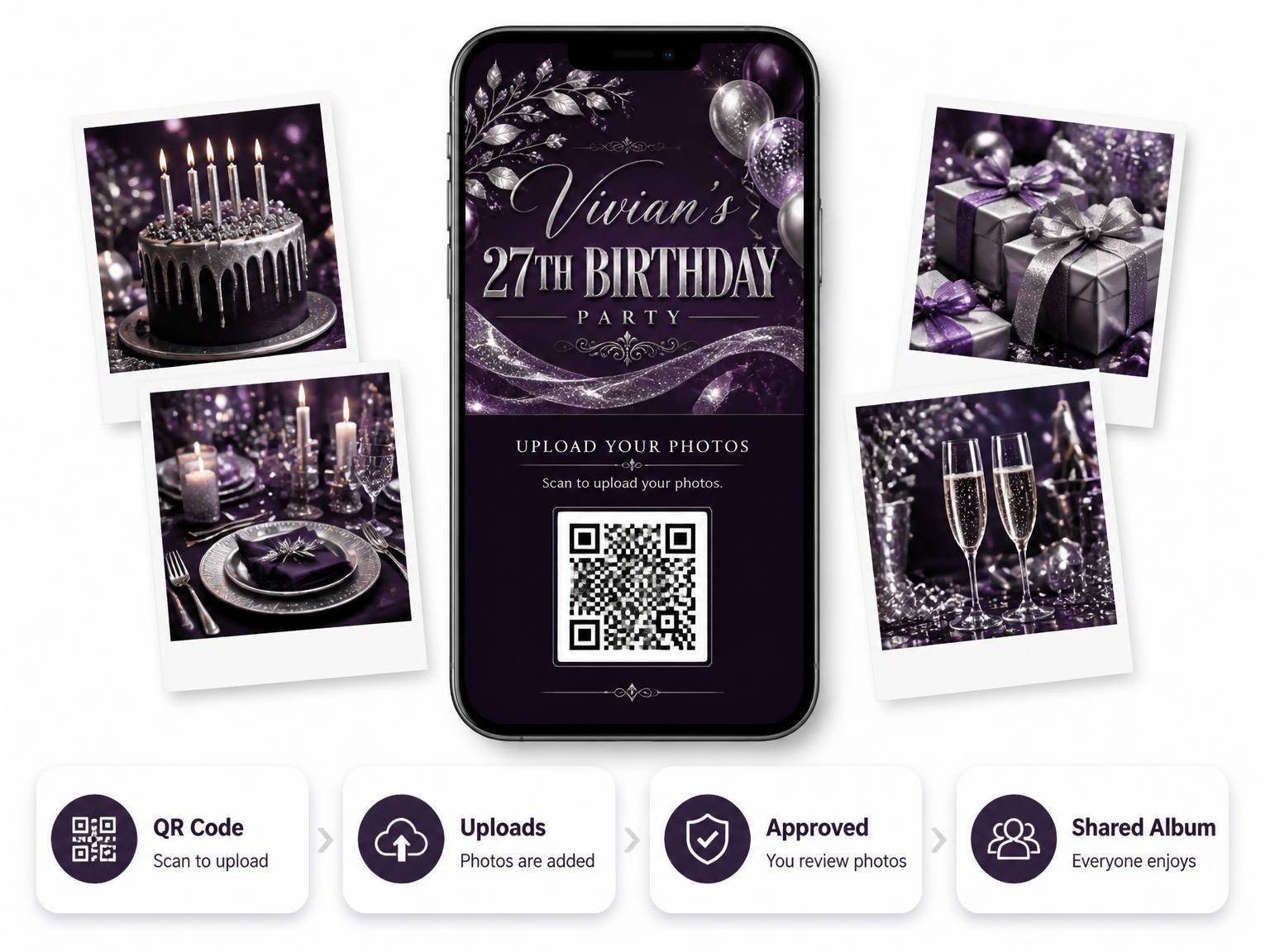 The shared photo gallery that comes with the Plum and Silver 27th Birthday Invitation invitation