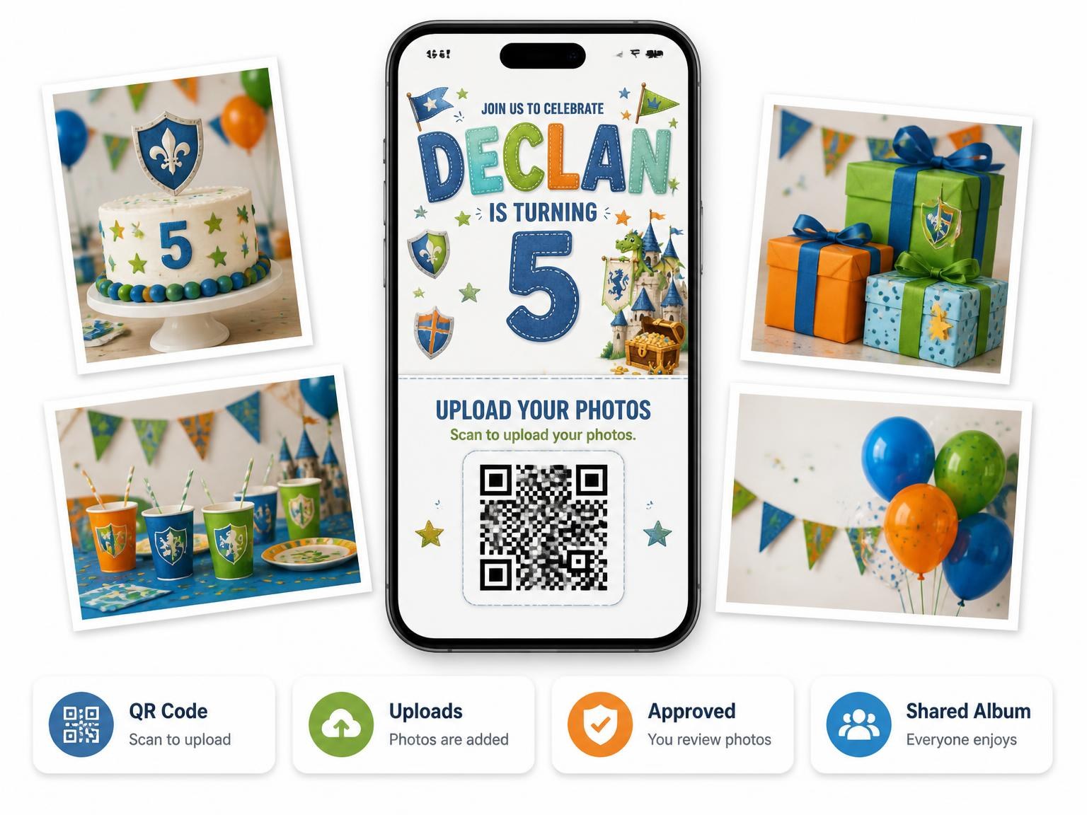 The shared photo gallery that comes with the Medieval Castle 5th Birthday Invitation invitation