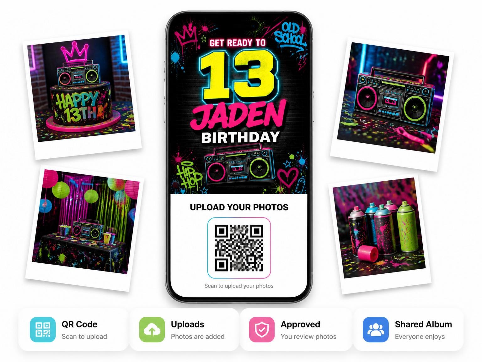 The shared photo gallery that comes with the Neon Graffiti Boombox 13th Birthday Invitation invitation