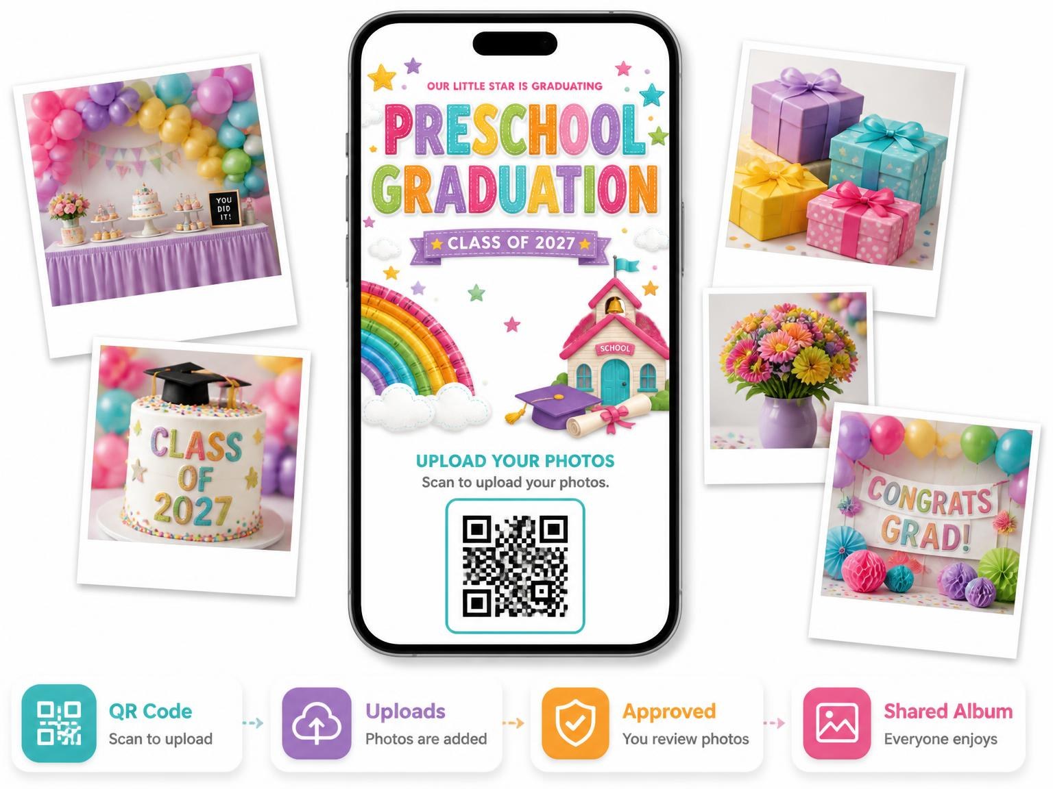 The shared photo gallery that comes with the Rainbow Crayon Preschool Graduation Invitation invitation
