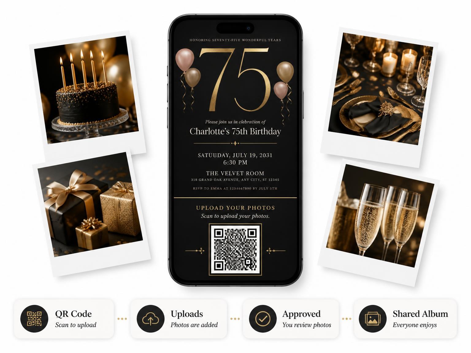 The shared photo gallery that comes with the Charcoal and Blush 75th Birthday Invitation invitation