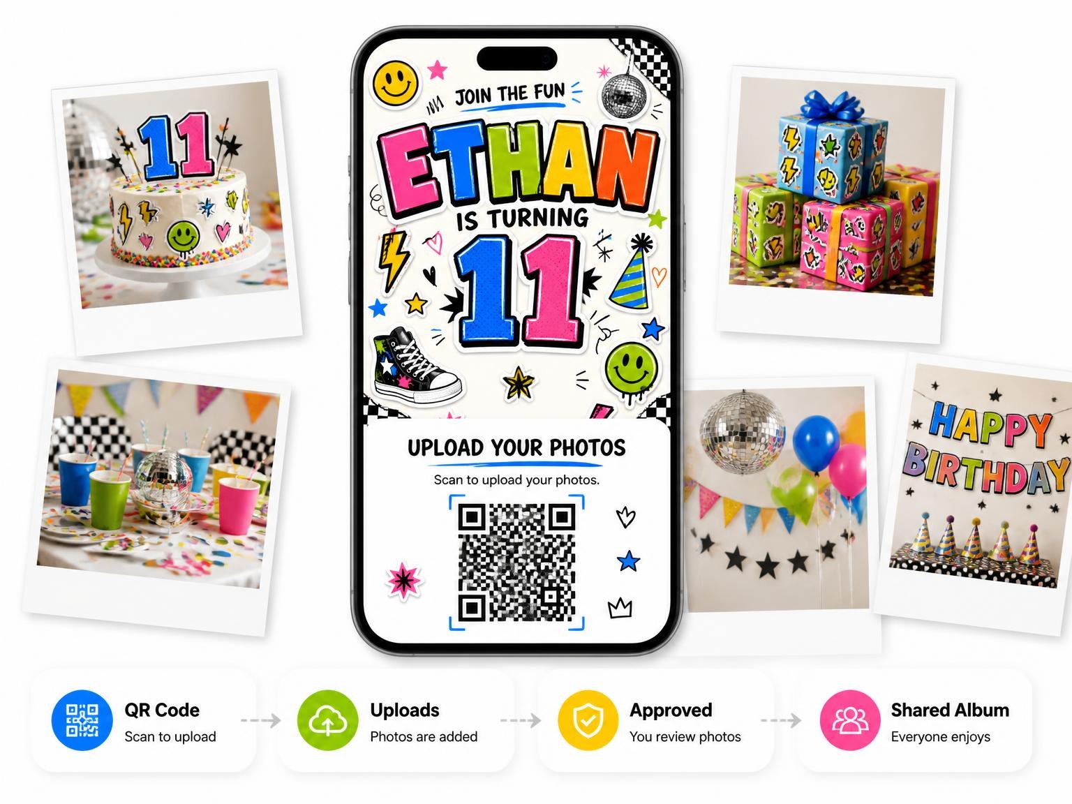 The shared photo gallery that comes with the Sticker Pop 11th Birthday Invitation invitation
