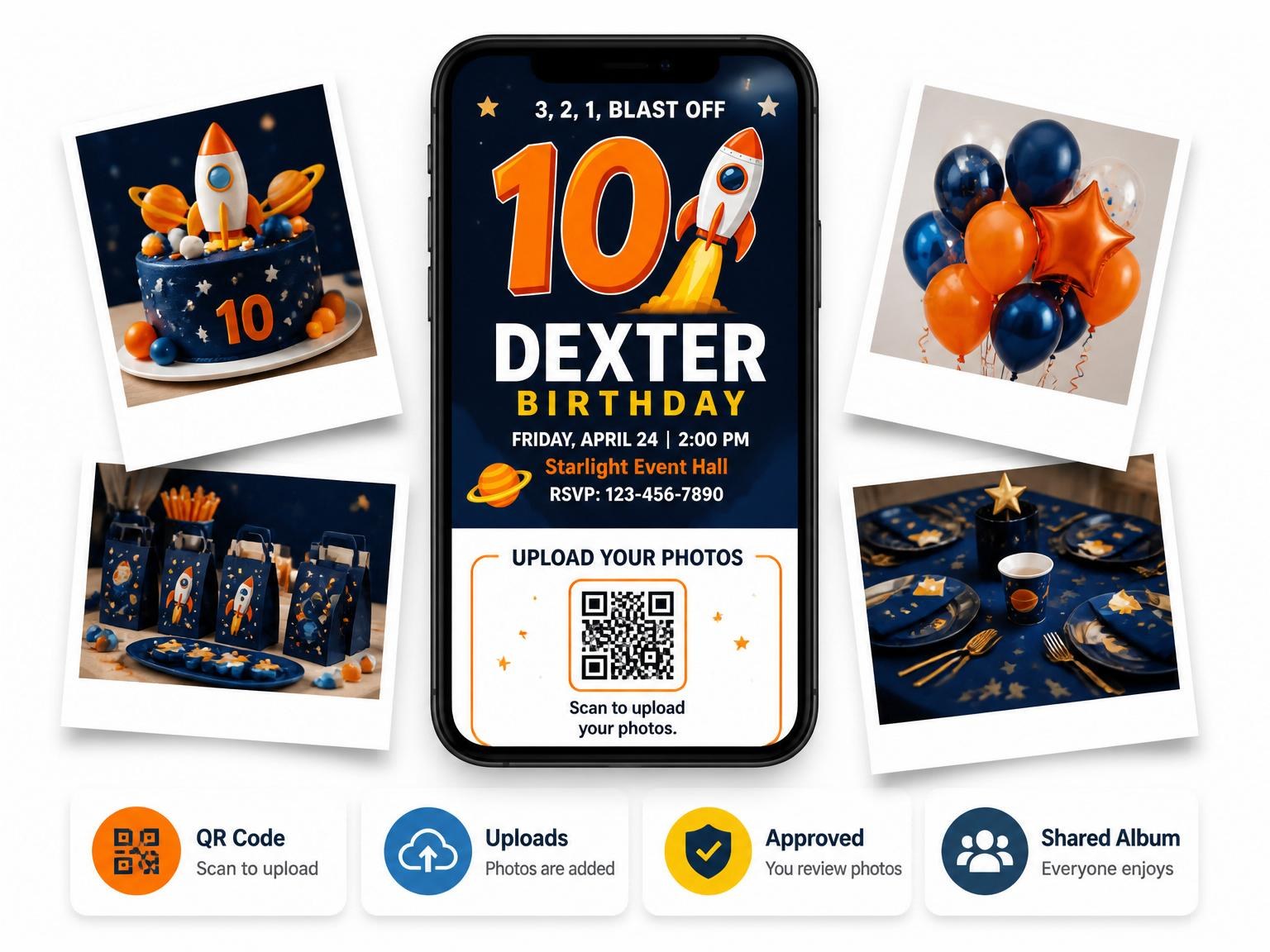The shared photo gallery that comes with the Navy Rocket Launch 10th Birthday invitation