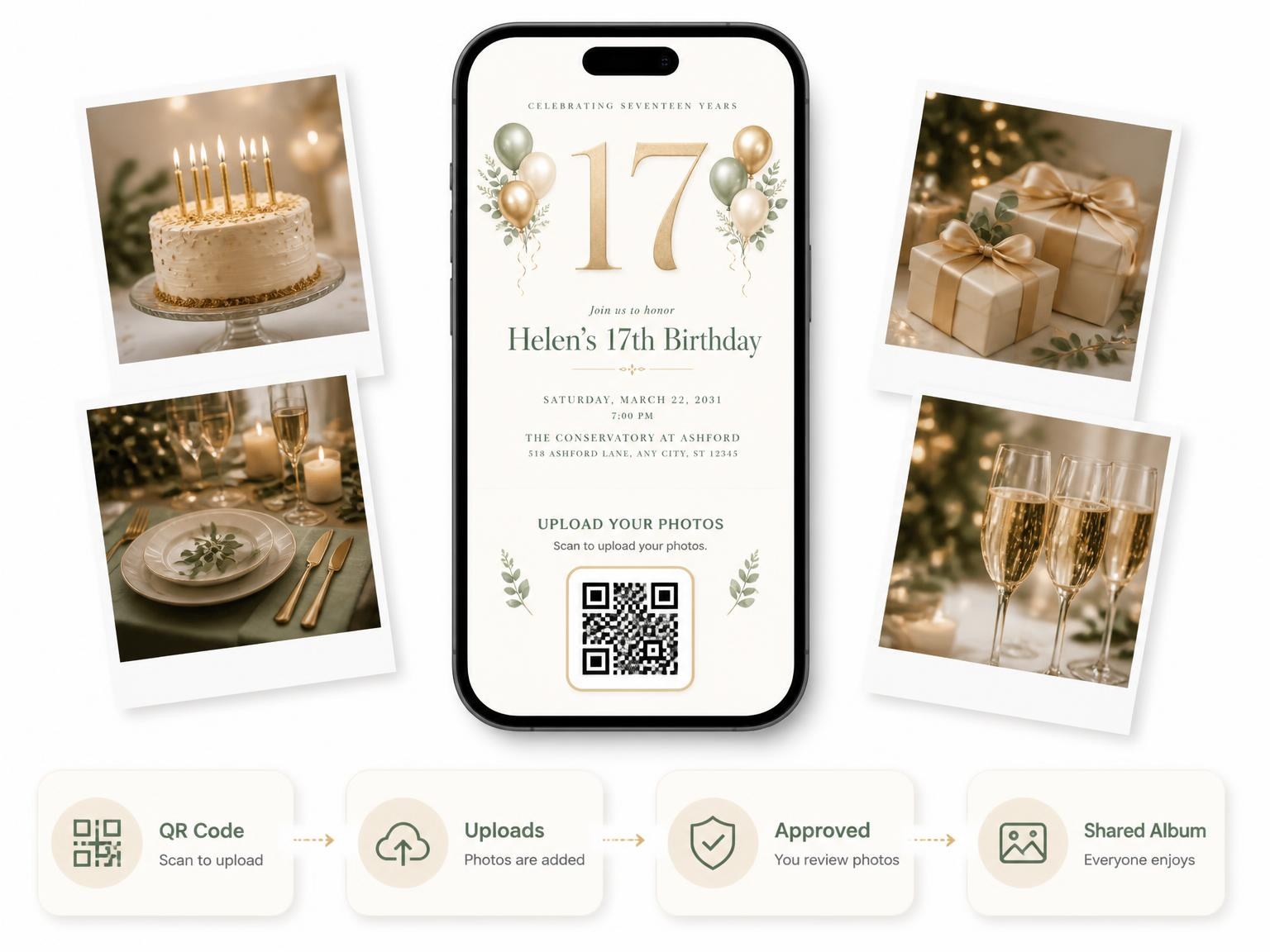 The shared photo gallery that comes with the Sage and Ivory 17th Birthday Invitation invitation